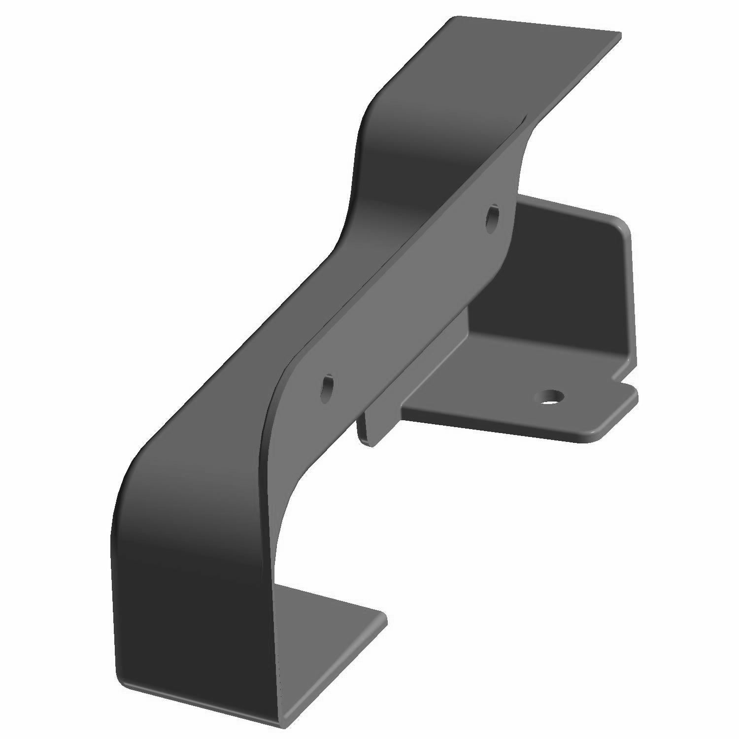 Black metal rear inner door panel latch with curved shape and mounting holes.