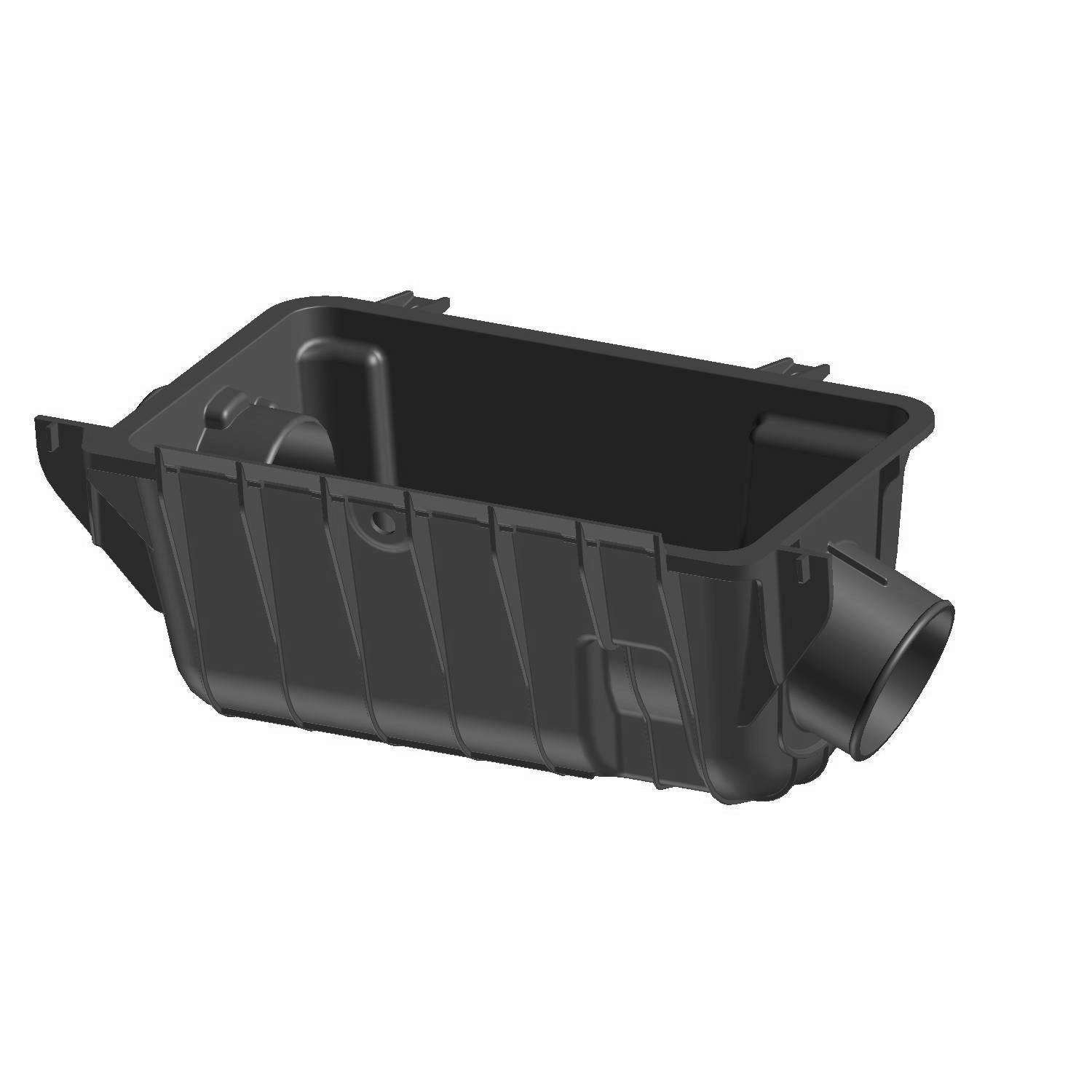 Black rectangular plastic airbox with angled intake port and ribbed exterior sides.