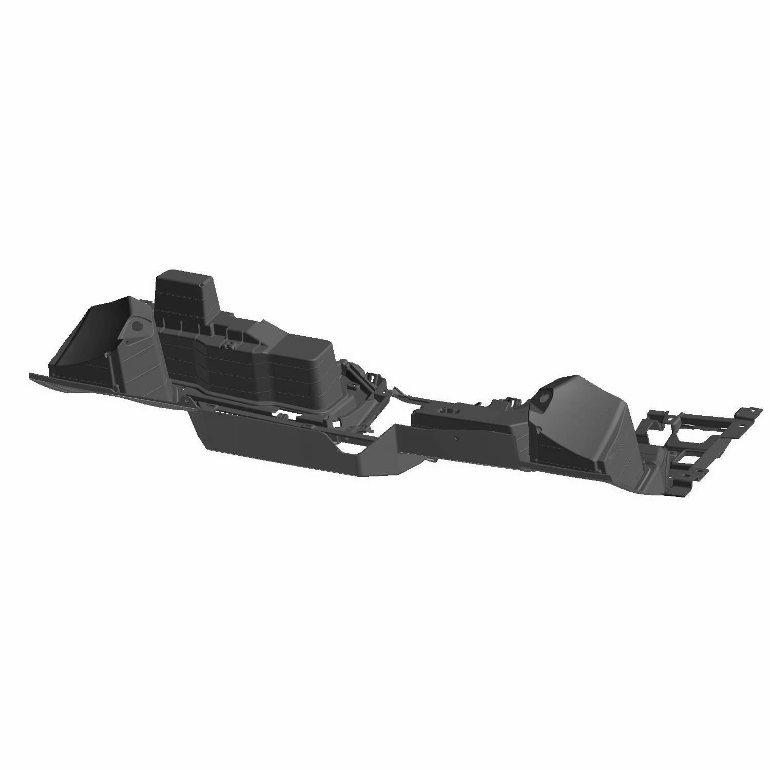 Black rugged lower dash panel with angular compartments and mounting points for Polaris Ranger XD 1500 UTV.