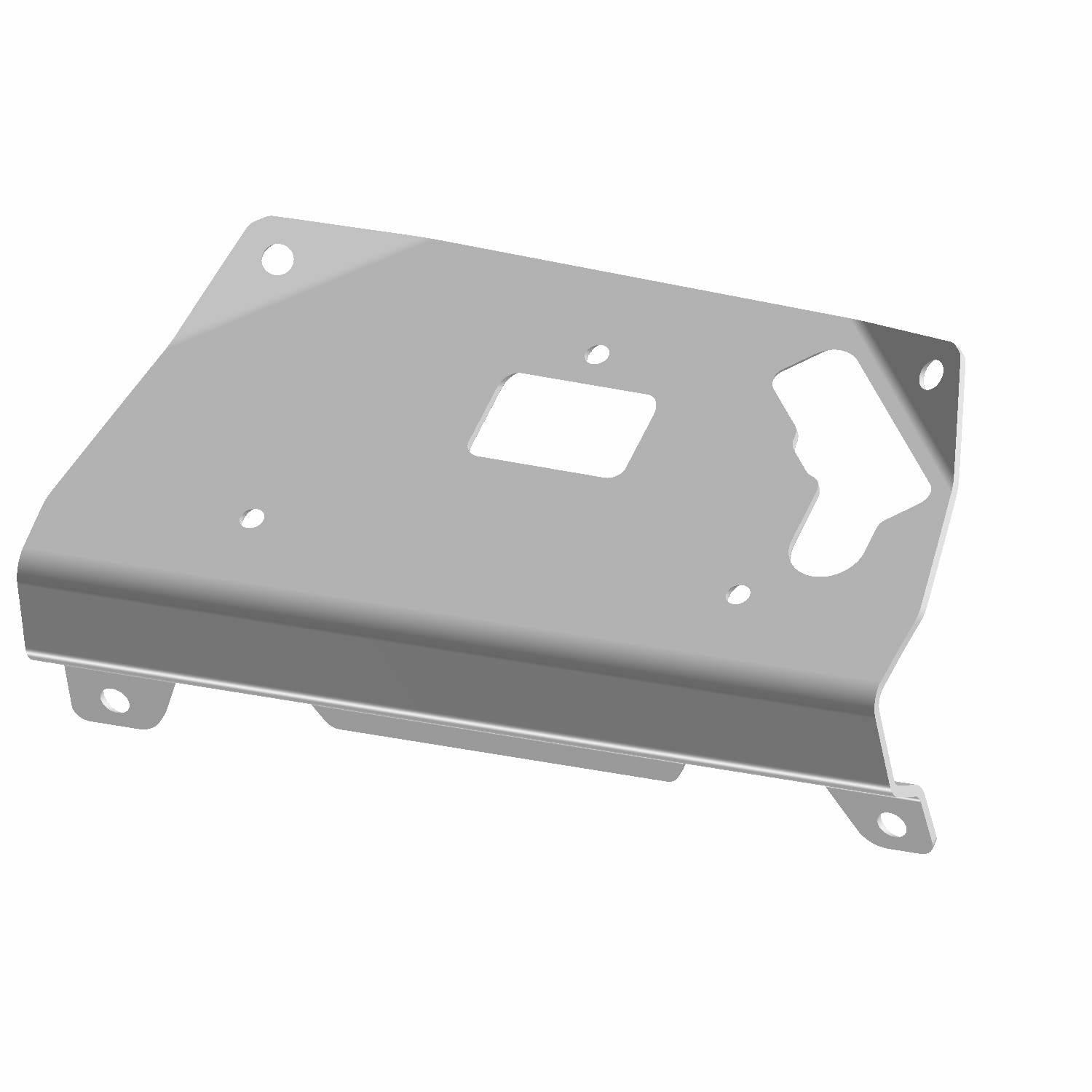 Black metal dash gauge hood with multiple mounting holes and angular cutouts.