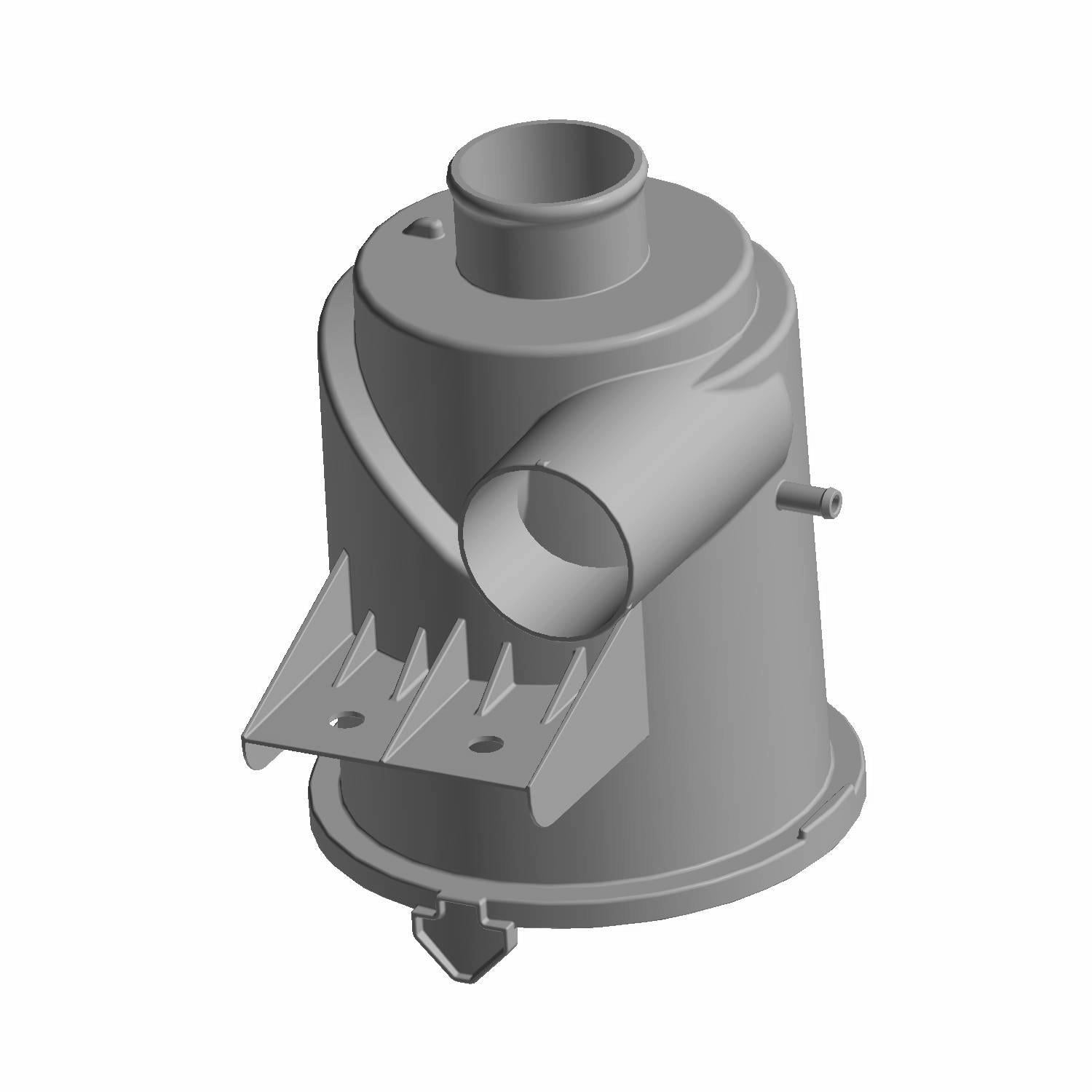 Gray cylindrical plastic air intake box with multiple ports and mounting brackets.