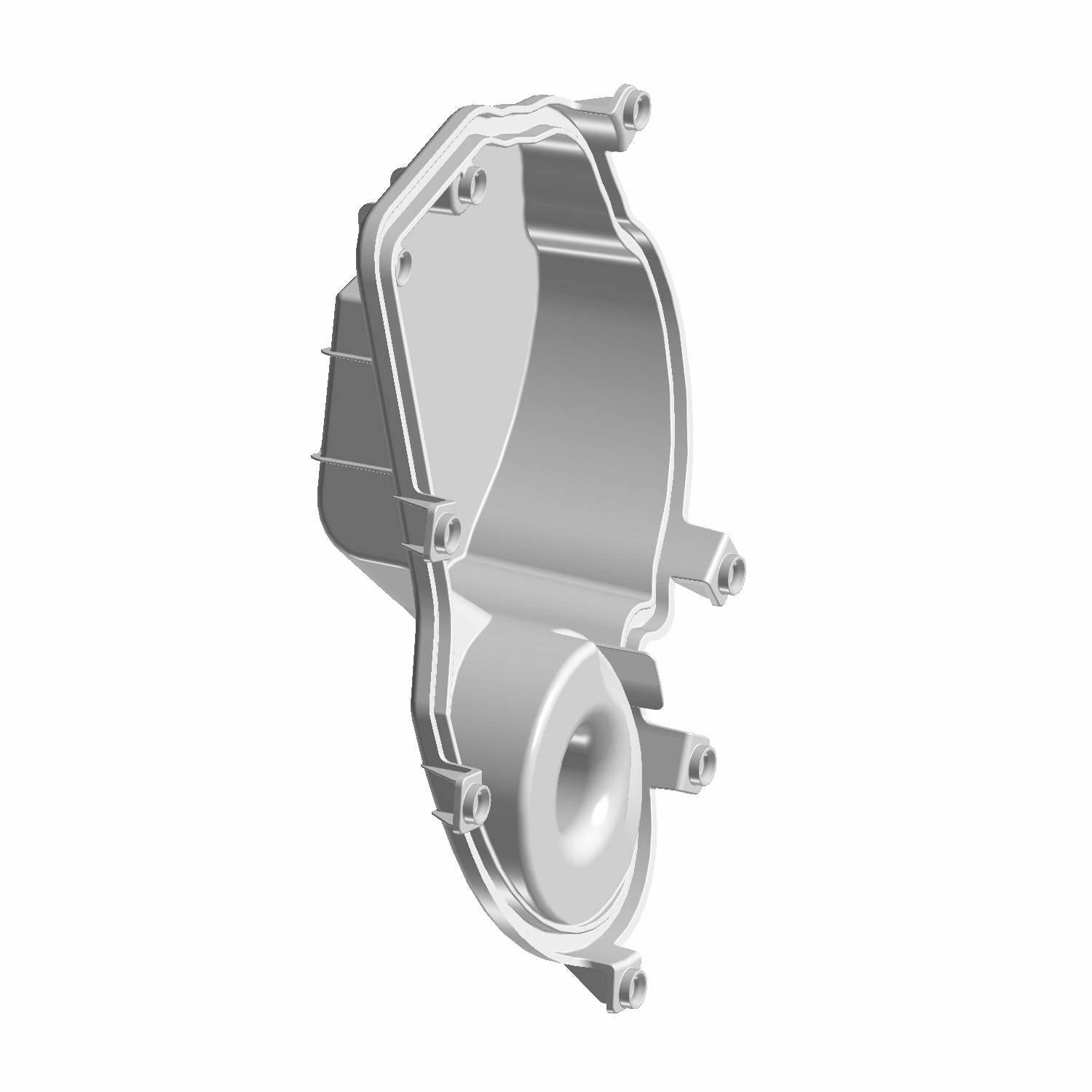 Silver metallic outer alternator cover with mounting points and circular recess for Polaris UTV.