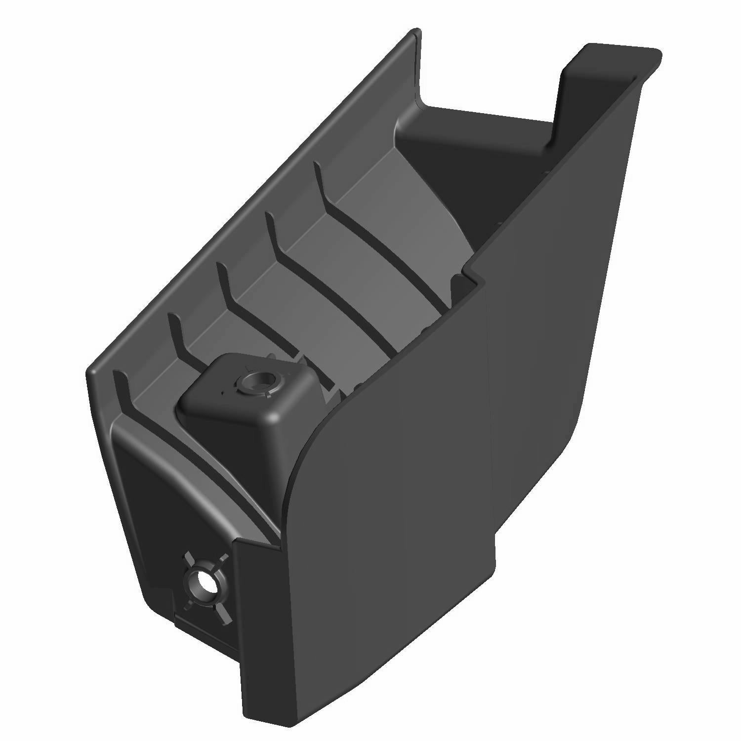 Black plastic left-side pivot point cover with angled ridges and mounting holes.