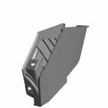 Matte black plastic rear left pivot point cover with angular design and mounting holes.
