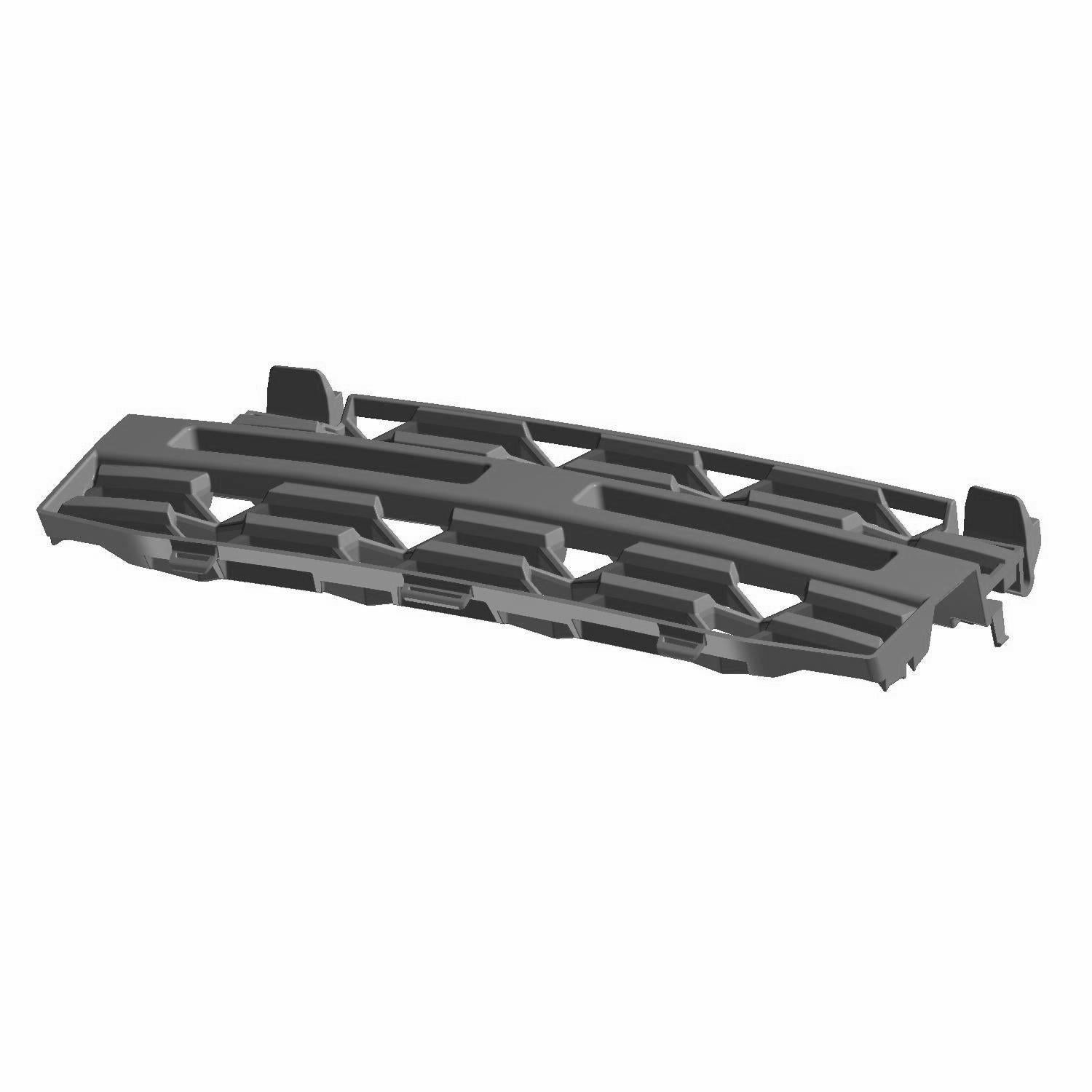 Black plastic lower grille with angular, geometric open slats for airflow and protection.