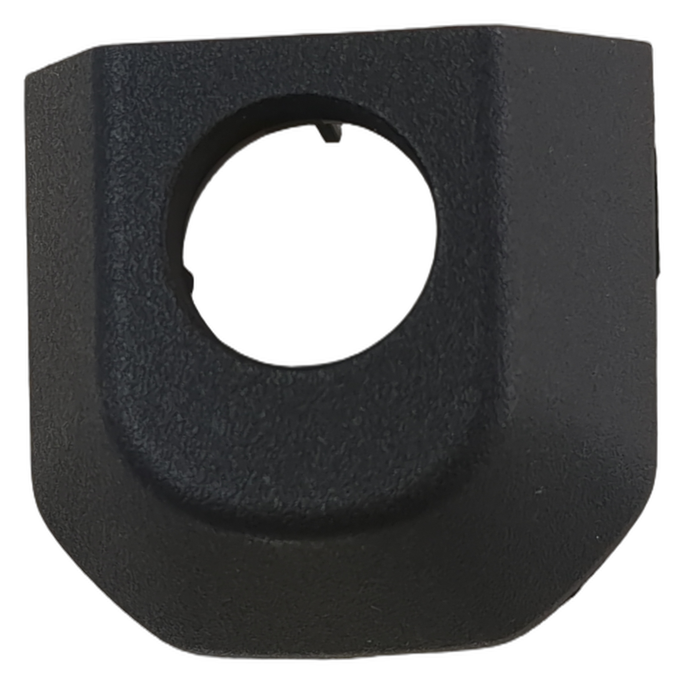 Black textured plastic door latch actuator cover with circular cutout and angular bottom edge.