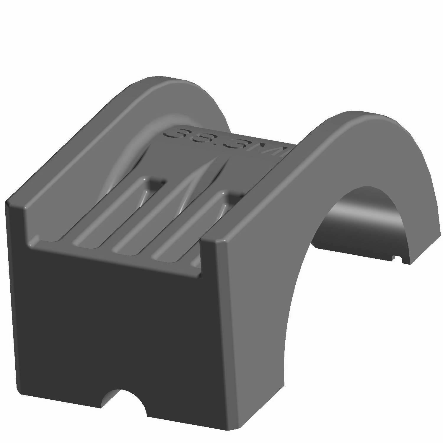 Gray rectangular box pivot bushing with curved arch and ribbed top surface.