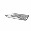 Gray plastic speaker grille panel with perforated design and mounting pegs, left side fitment.