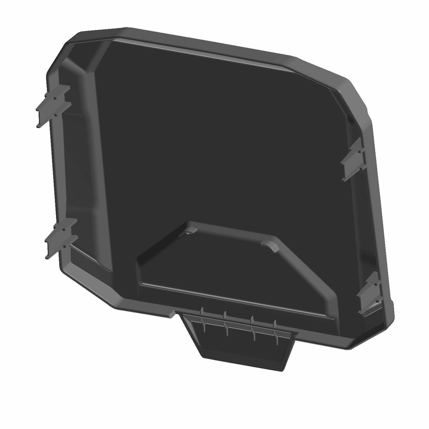 Black angular storage panel with molded edges and clip tabs, designed for center cover placement.