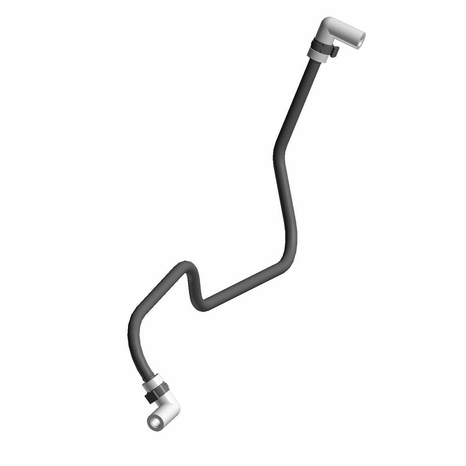A 3D-rendered image of the Polaris Fuel Hose / Line, Vent Load shows a black bent tube with metallic connectors at both ends, featuring multiple angled bends and resembling Indian motorcycle OEM parts, on a white background.