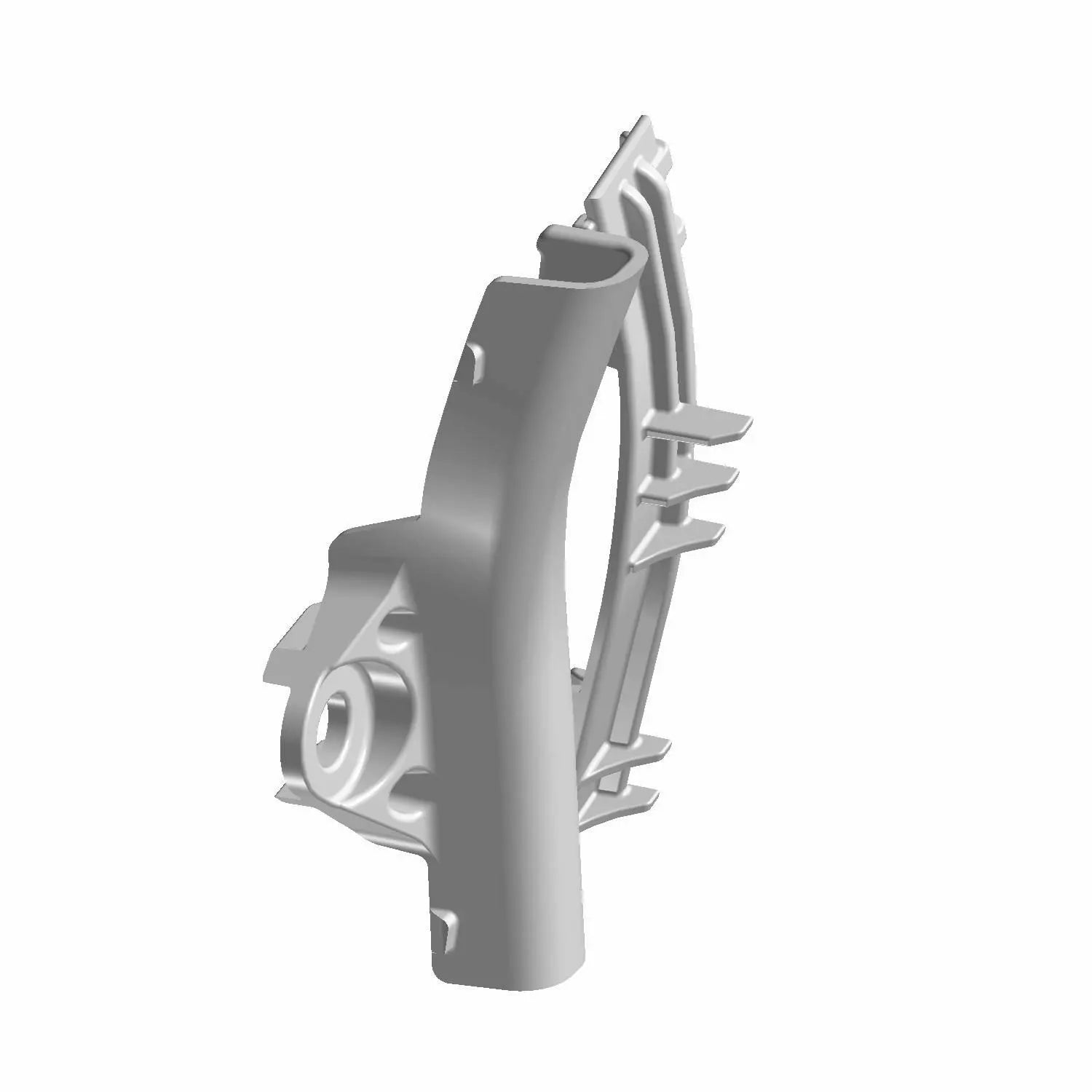 Gray metallic brake caliper hose clip with mounting holes and curved clamp design.