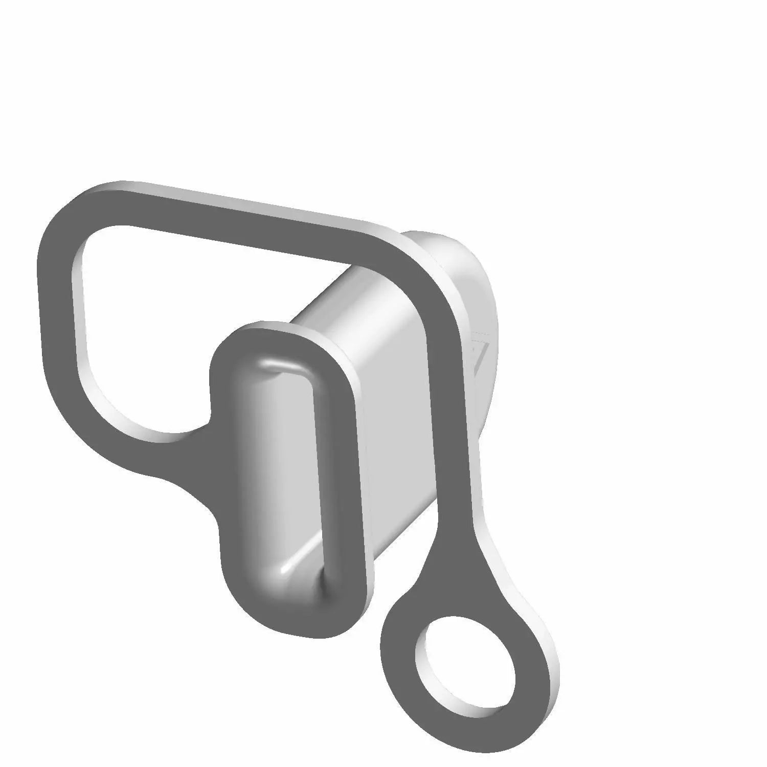 3D rendering of Cap Protection Jump Start by Polaris, a small metallic part with a rectangular body, rounded protrusion, and two differently sized looped extensions at each end. Shown on a plain white background.