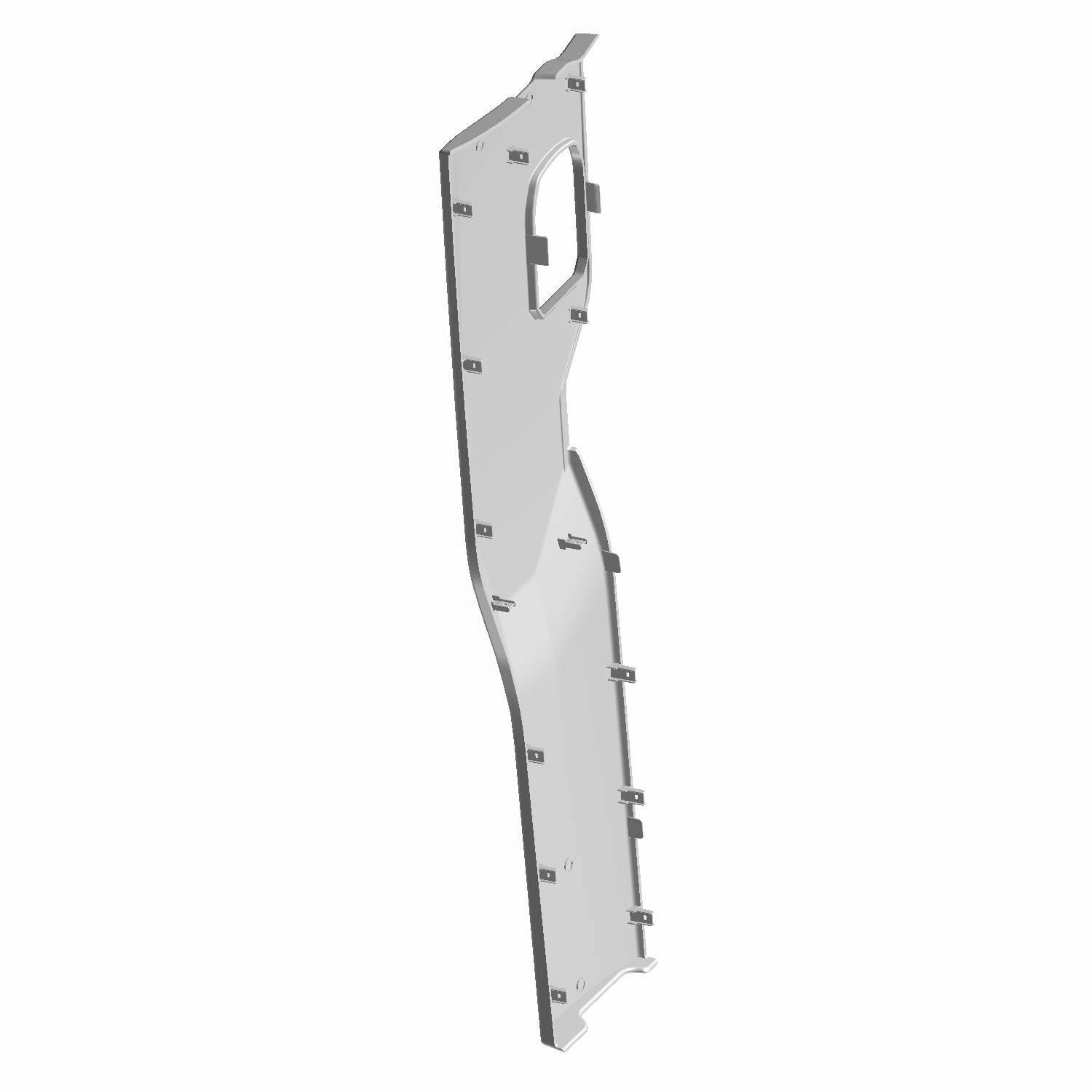 Matte titanium-colored left door panel interior trim with mounting clips and a rectangular cutout.