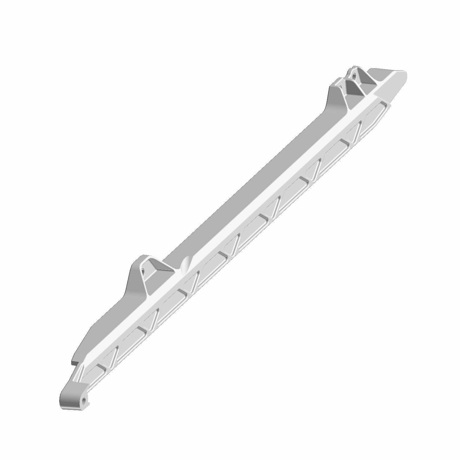 White plastic front left glass guide for Polaris Ranger with mounting brackets and ribbed reinforcement.