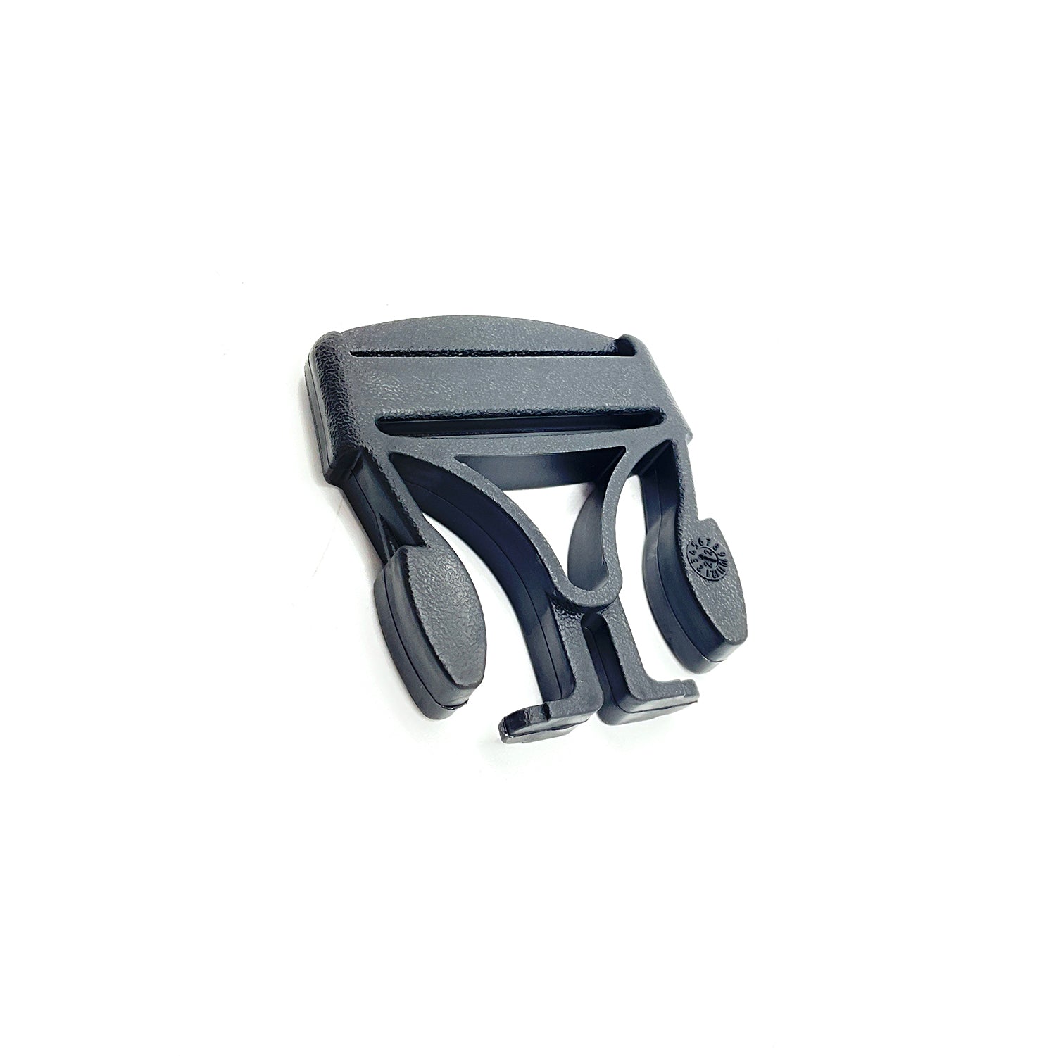 Black plastic buckle with curved edges and locking mechanism designed for straps or belts.