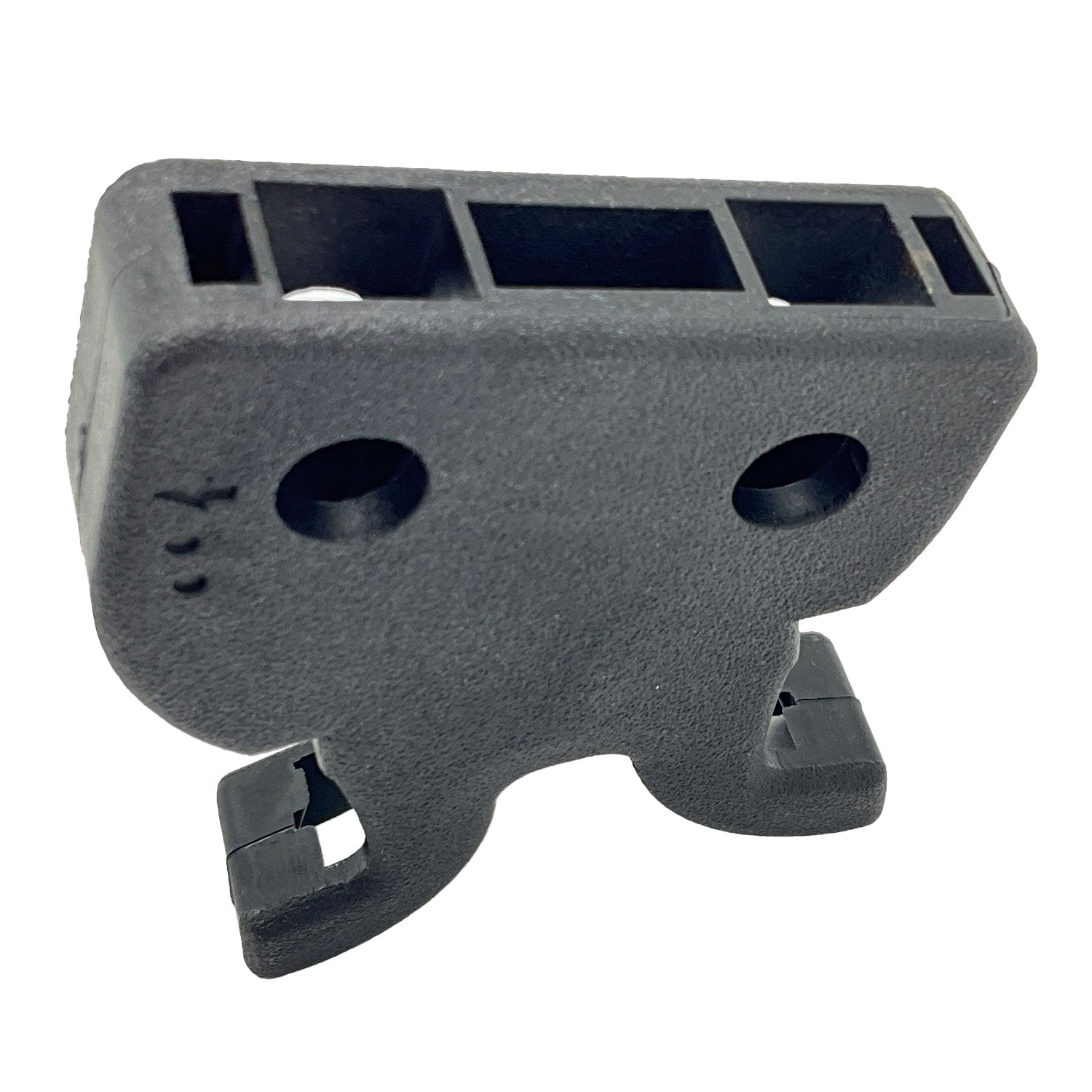 Black molded plastic buckle with rectangular slots and two round holes, compact and sturdy design.