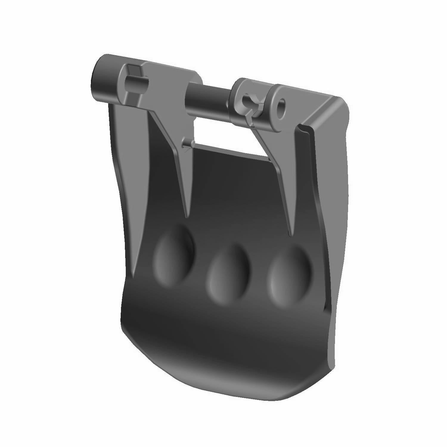 Black plastic seat release lever with mounting hinge and three oval indentations on curved surface.