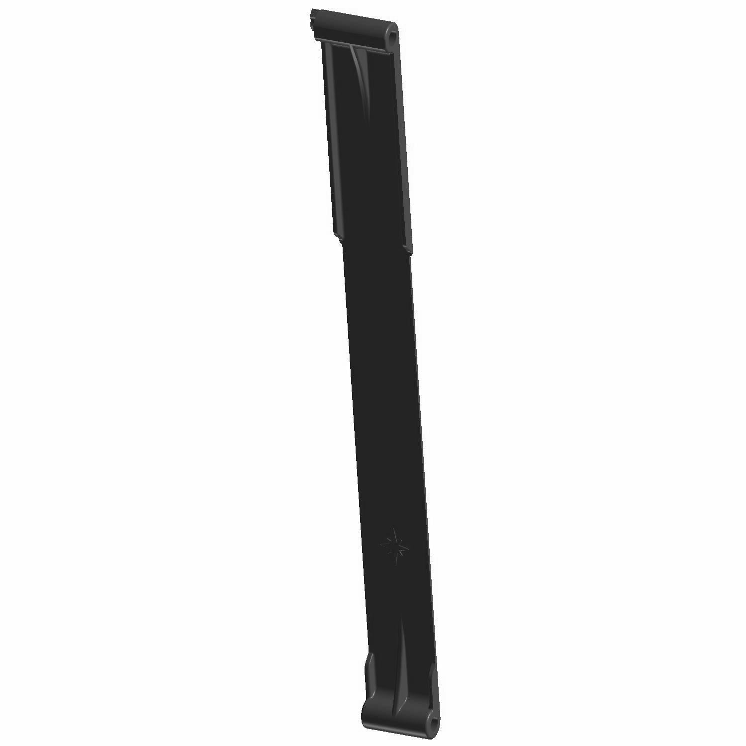 Black slim plastic seat release link with a hooked end and flat top designed for Polaris UTVs.