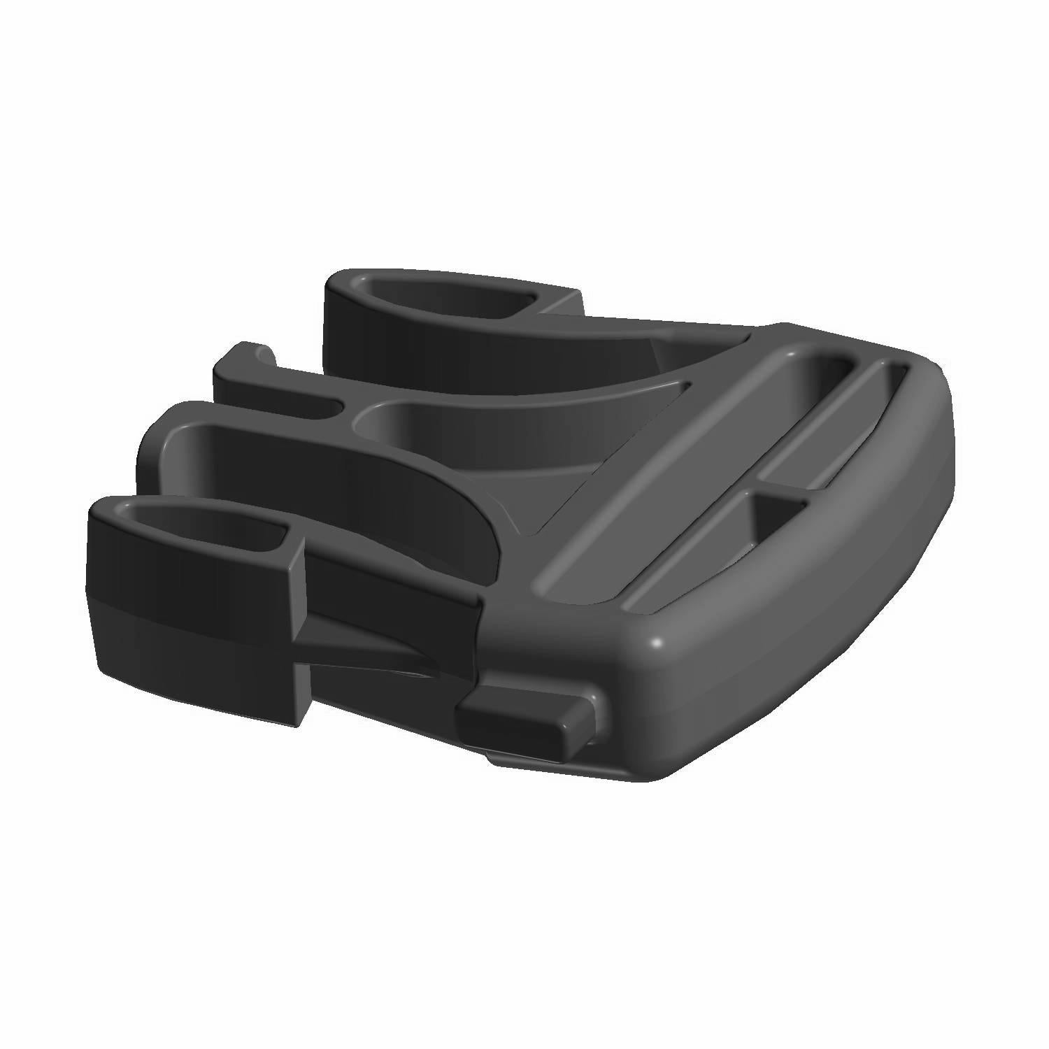 Black plastic seatbelt buckle male component with a contoured, ergonomic shape and integrated slot features.