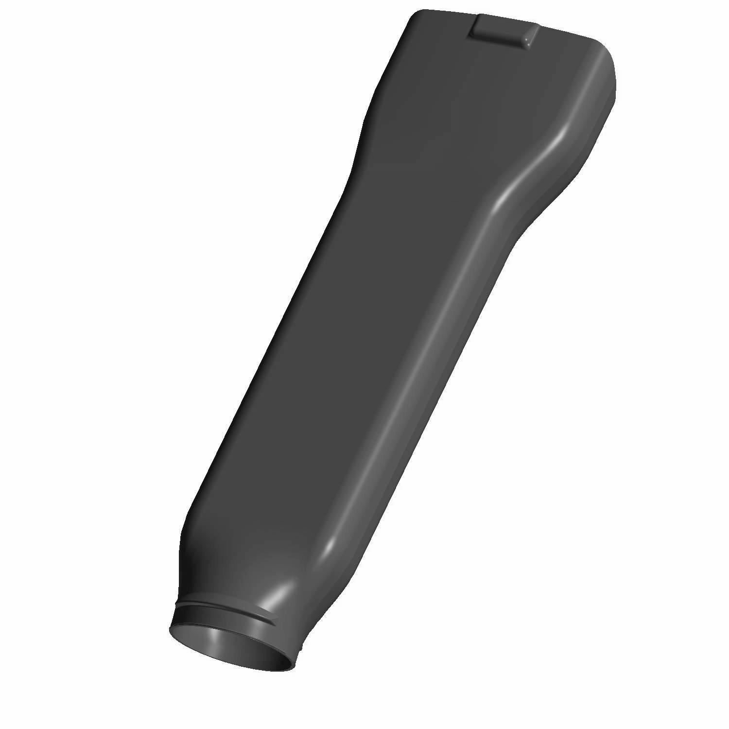 Black elongated plastic clutch duct intake with smooth, tapered design and rectangular mounting flange.