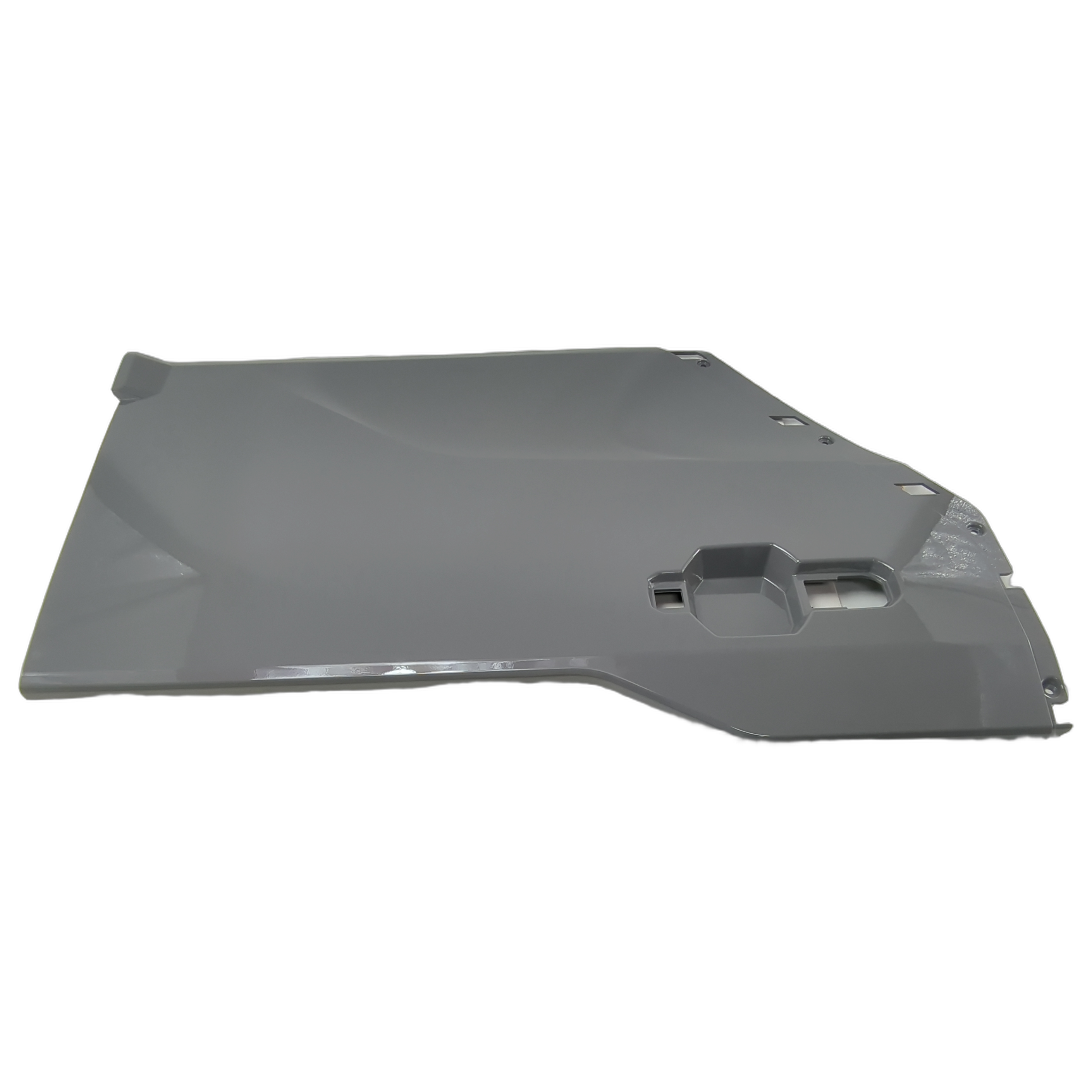 Slate blue right outer door trim panel with smooth finish and angular contour for Polaris vehicle.