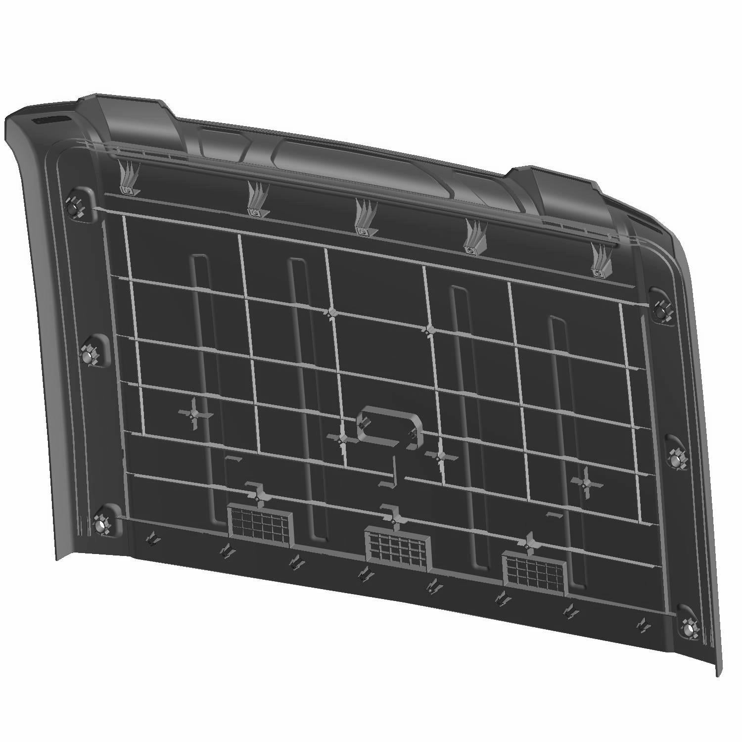 Matte black rectangular roof panel with ribbed reinforcements and mounting points.