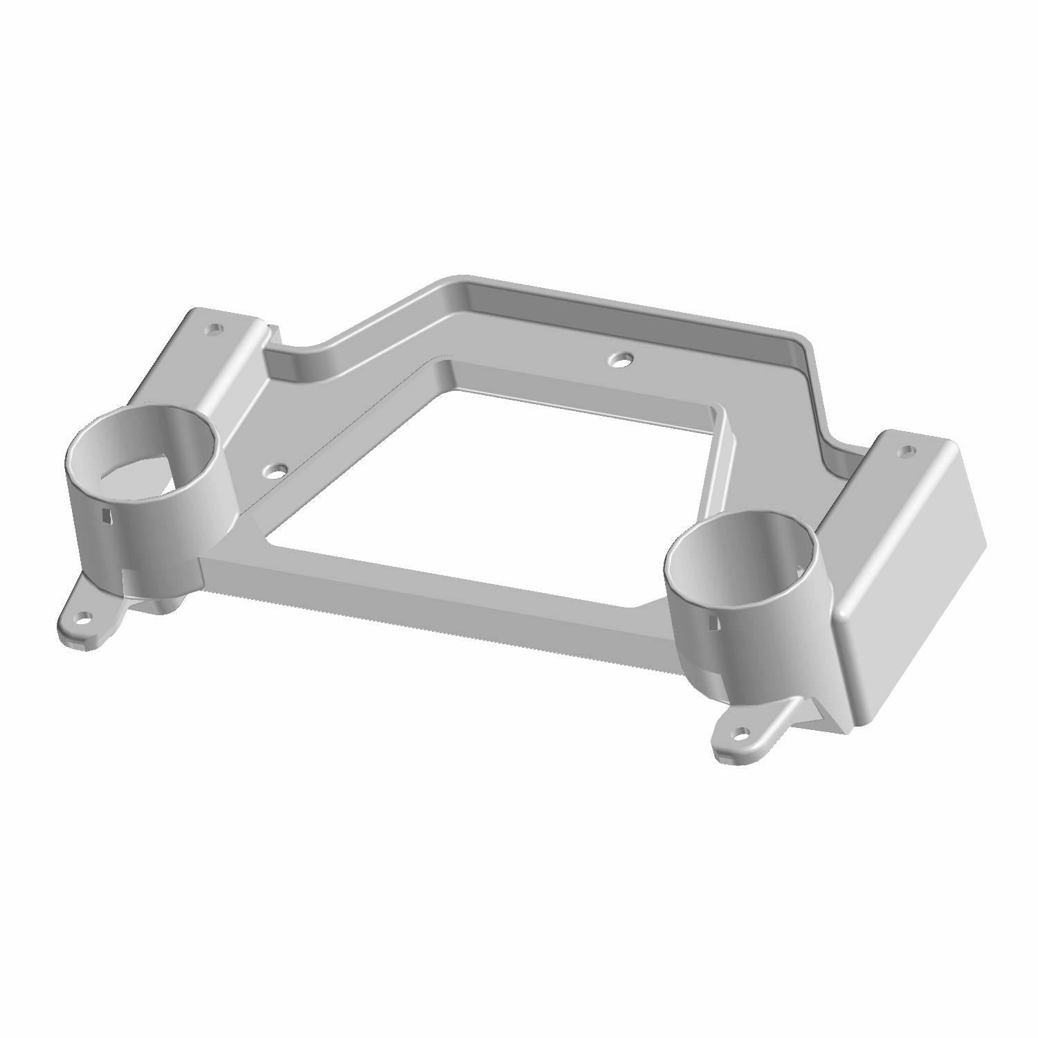 Gray molded plastic mount bracket with two circular clamps and a rectangular center cutout.