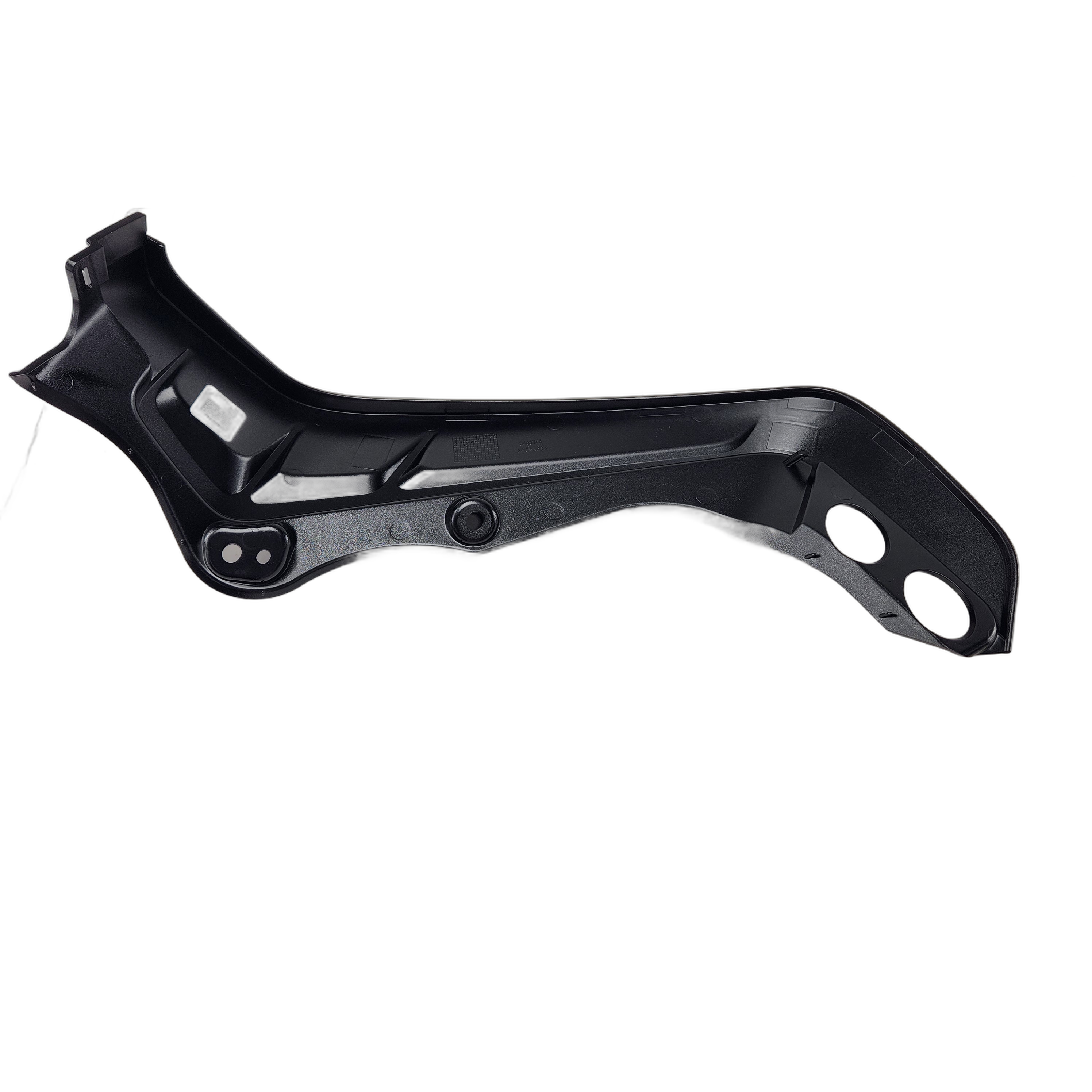 A Trim-Dash, RH, Onyxblack by Polaris—black, curved metal with two circular holes at one end. Shown on a white background; perfect for those needing genuine OEM Indian parts.