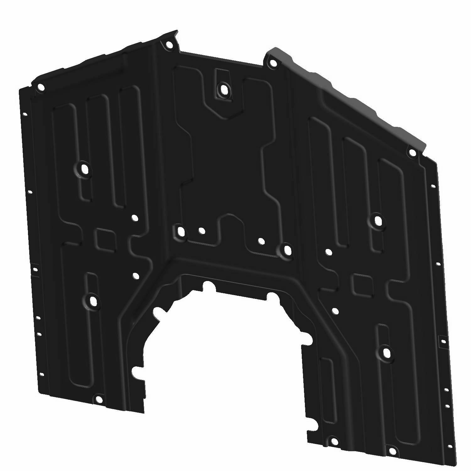 Black metal skid plate with reinforced ridges and multiple mounting holes designed for front underbody protection.