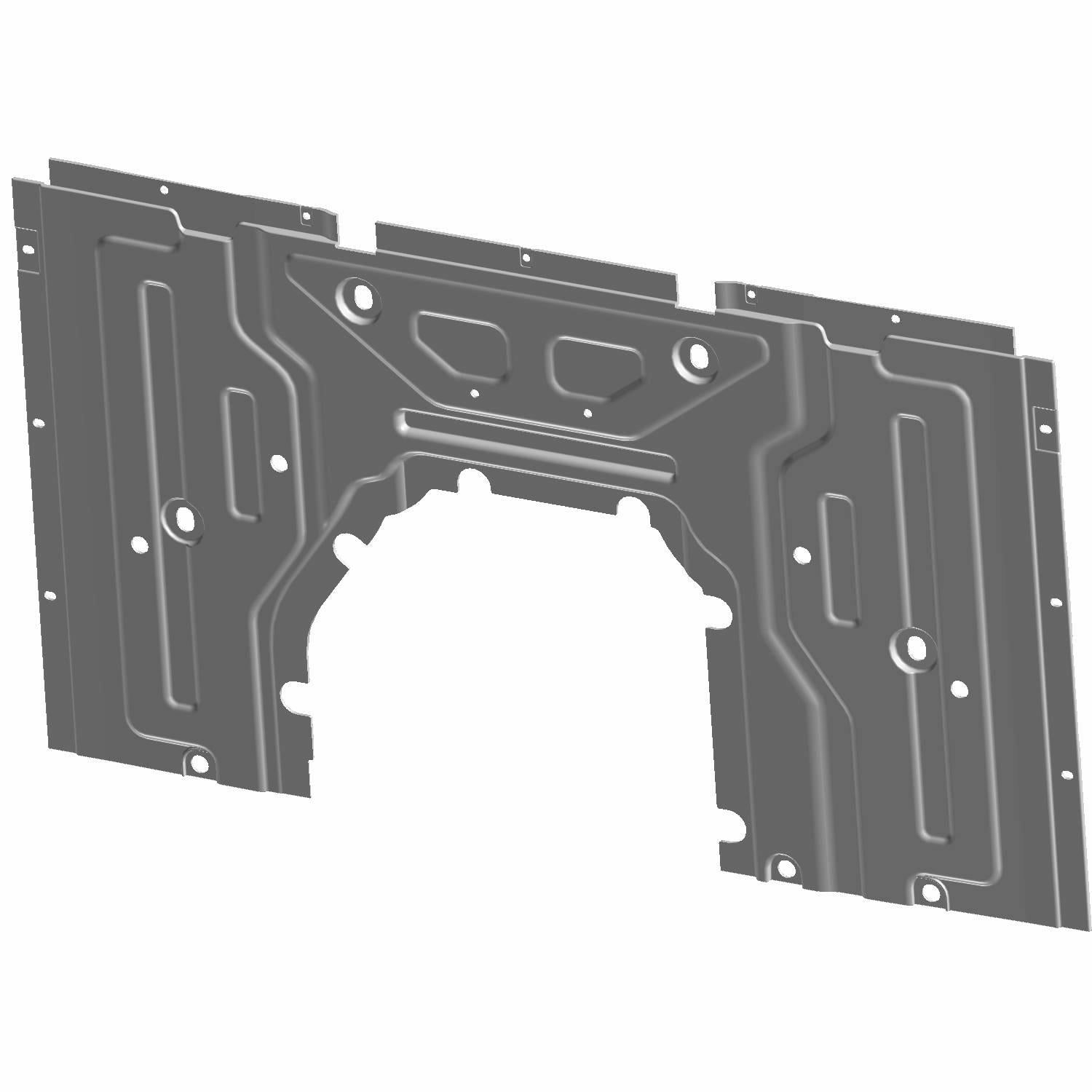 Black metal skid plate with multiple mounting holes and molded contours for off-road vehicle protection.