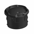 Black round plastic vent cap with raised edges and central indentation.