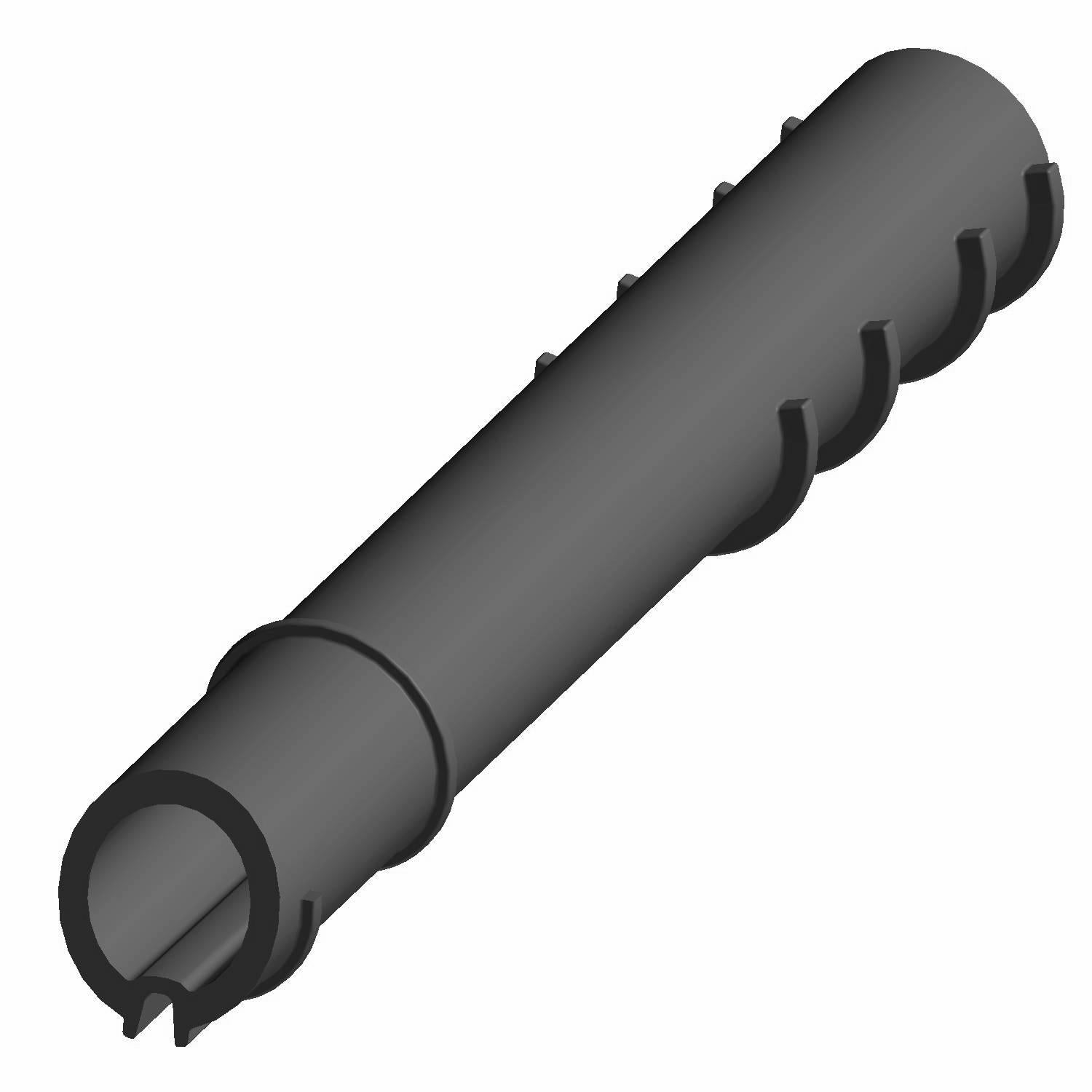 Black cylindrical rubber fuel fill inner tube with grooved grip and open slots on one end.