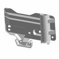 Black metal license plate bracket with hinge mount and multiple attachment holes.