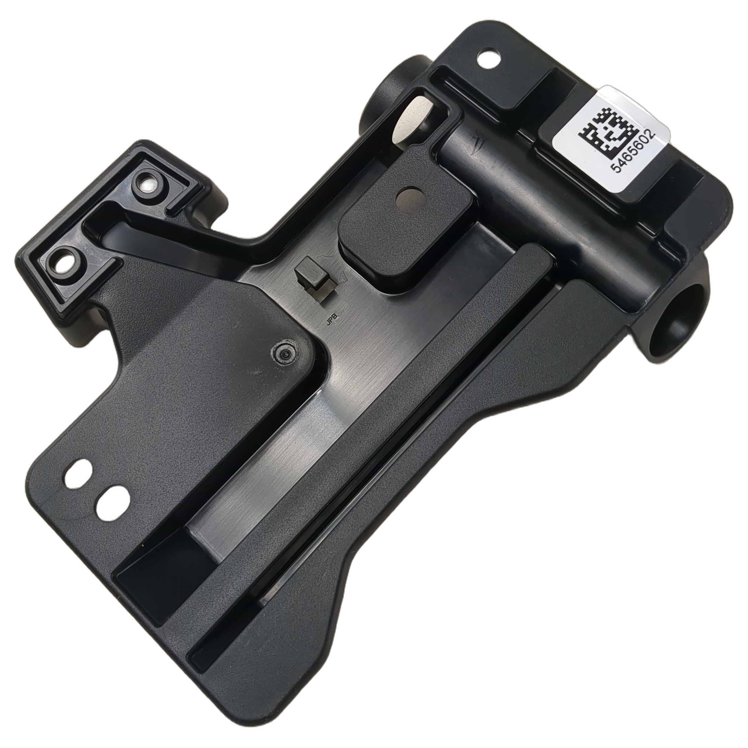 Black metal license plate bracket with mounting holes and a QR code sticker on top side.