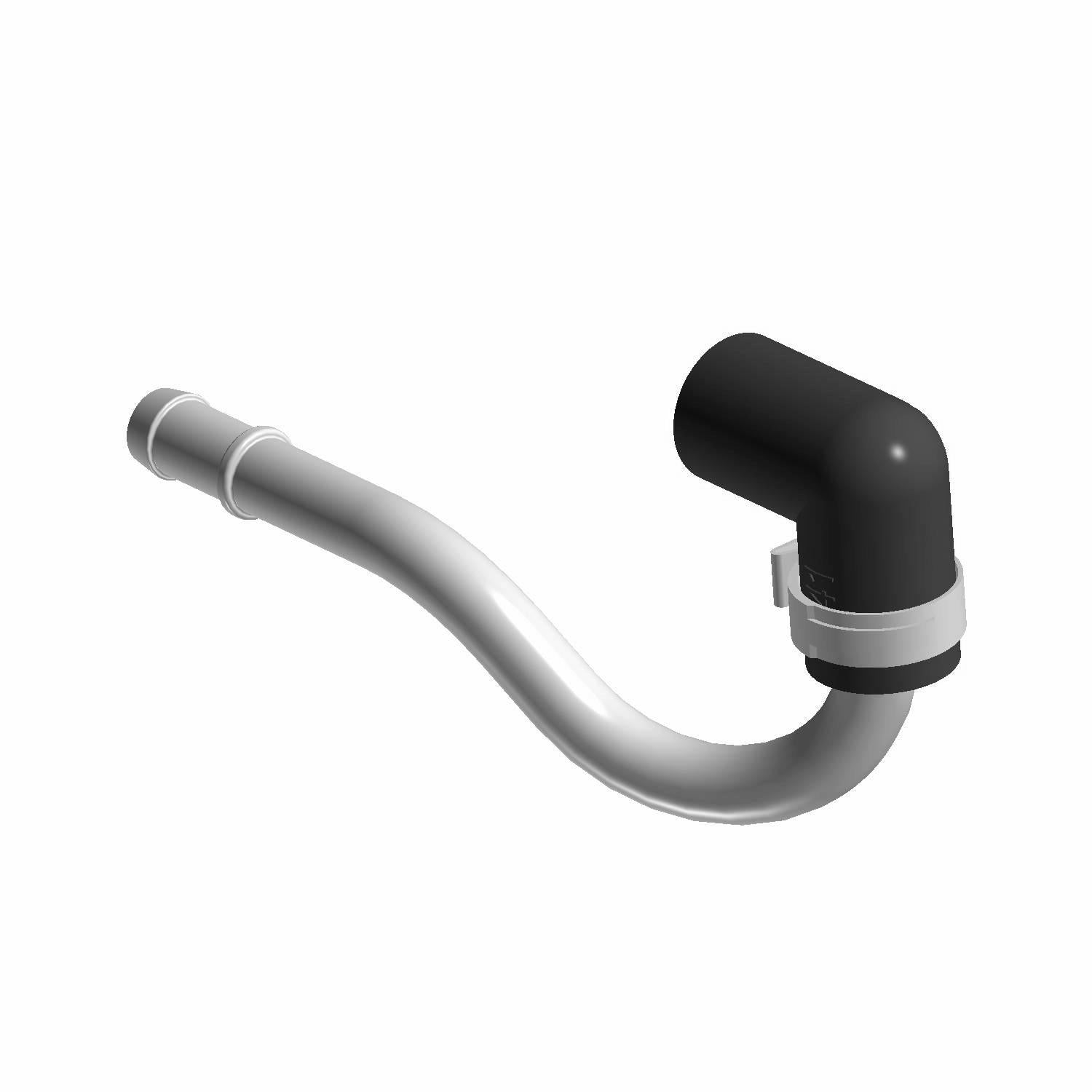 A 3D rendering of a curved metal pipe with a black right-angle connector and an attached clamp, designed as the Fuel Hose / Line, Vent Canister by Polaris for genuine Indian motorcycle parts.