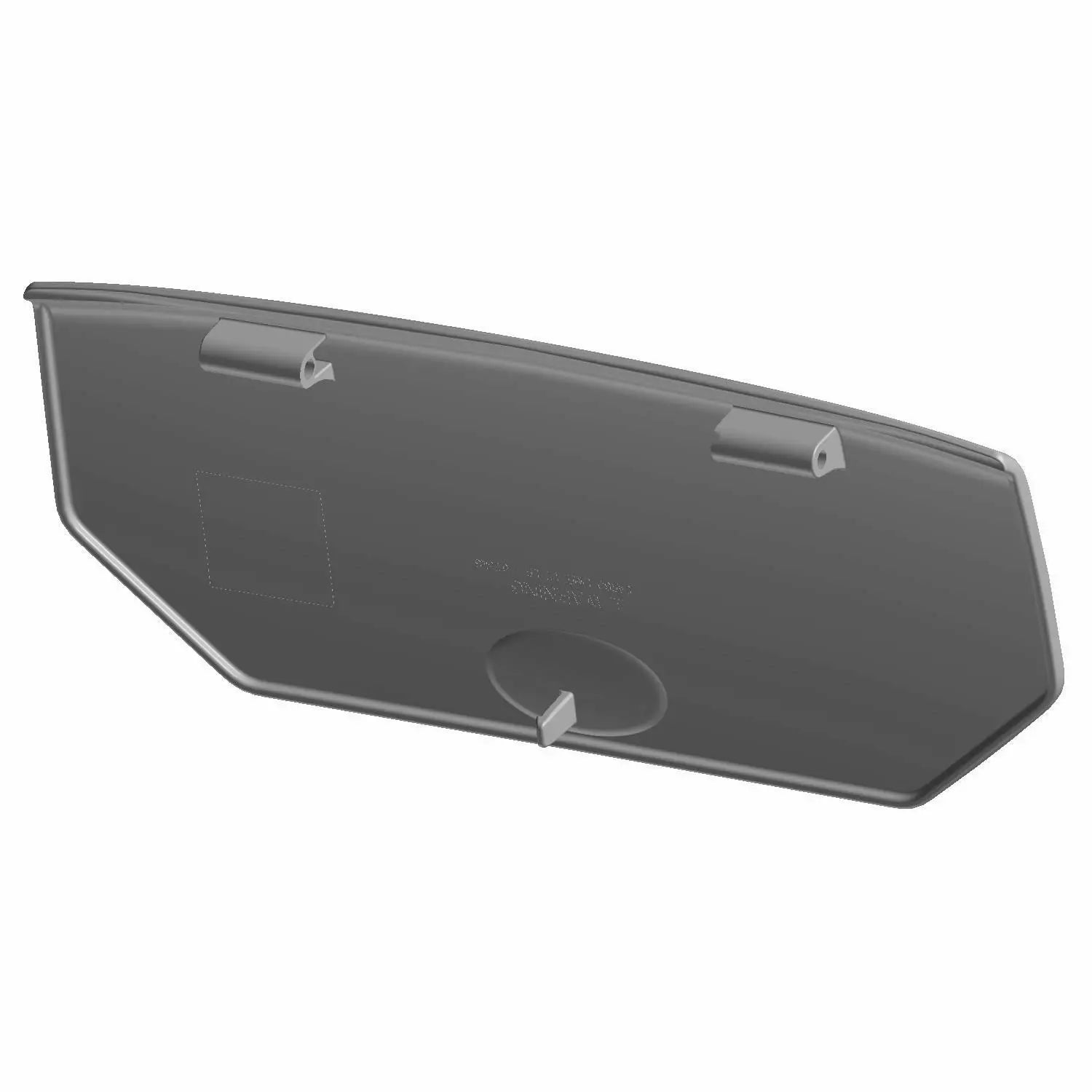 Matte black angular storage door lid with three mounting clips and a circular central feature.