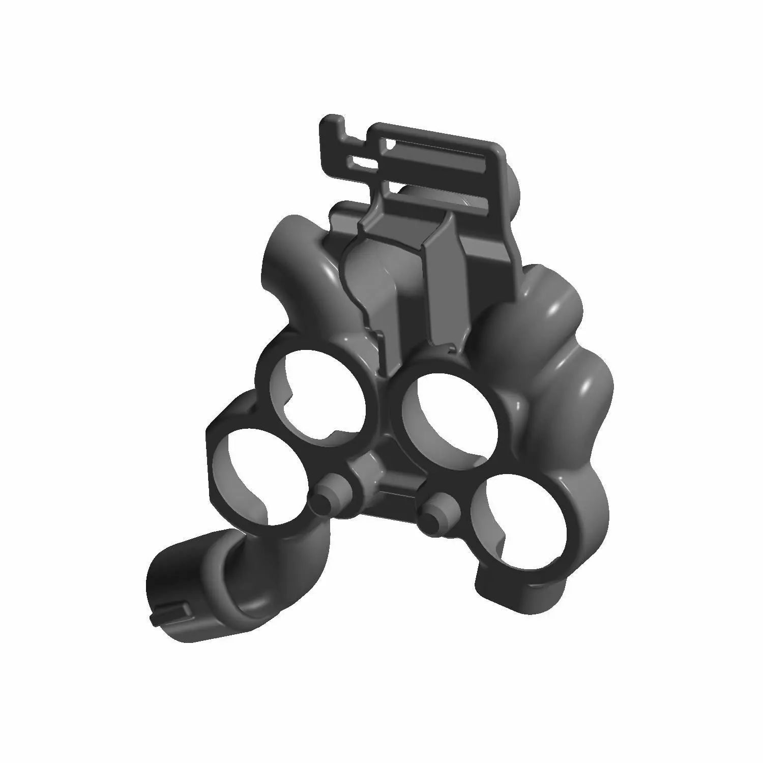 Black ABS banjo bracket with four circular openings and mounting features designed for motorcycle brake assembly.