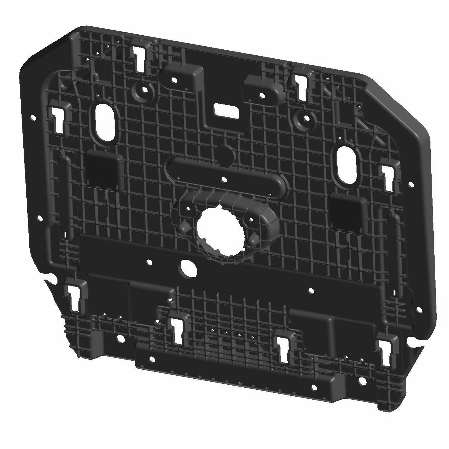 Black plastic seat bottom base with multiple mounting holes and grid pattern reinforcement.