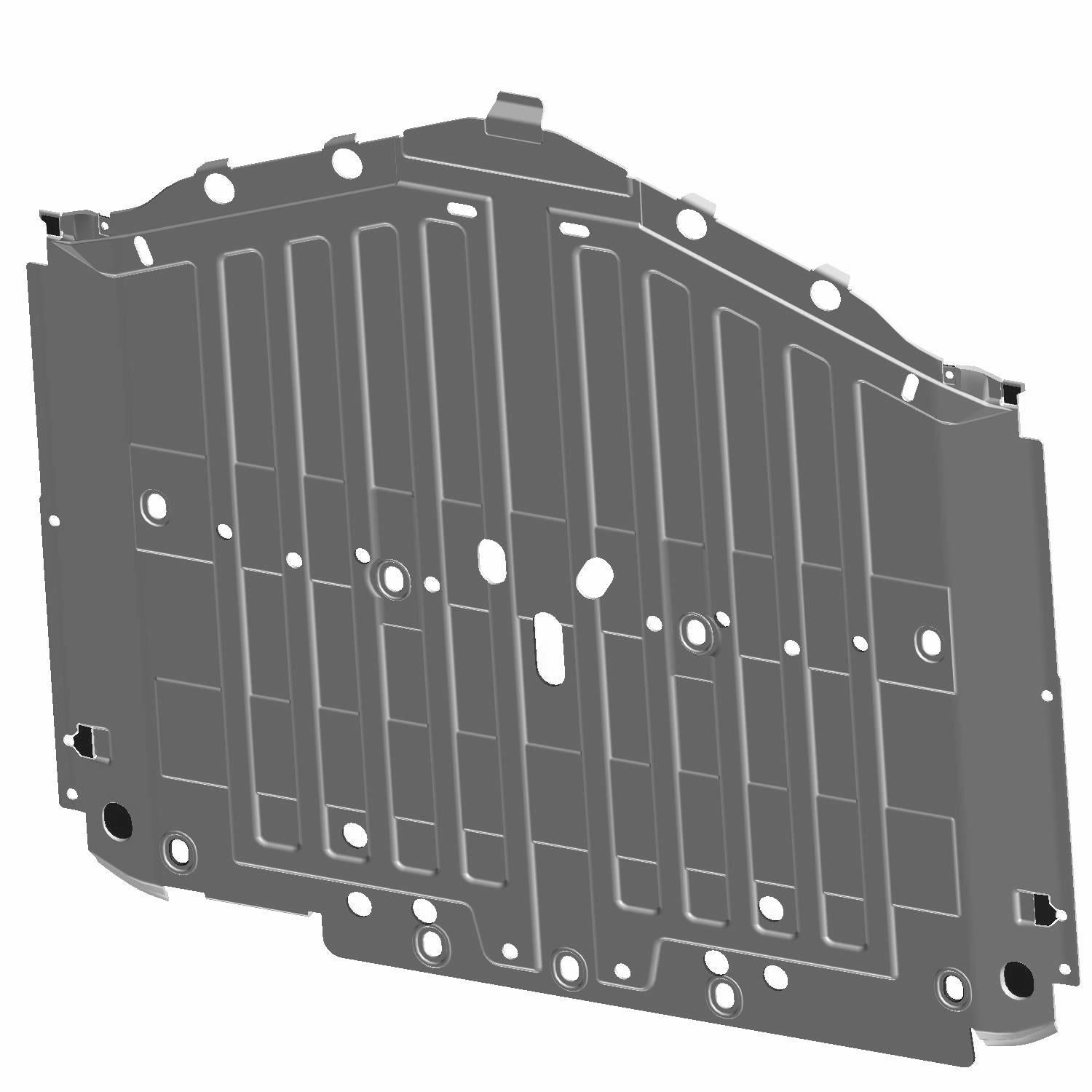 Black metal skid plate with reinforced vertical ridges and multiple mounting holes designed for off-road vehicle protection.