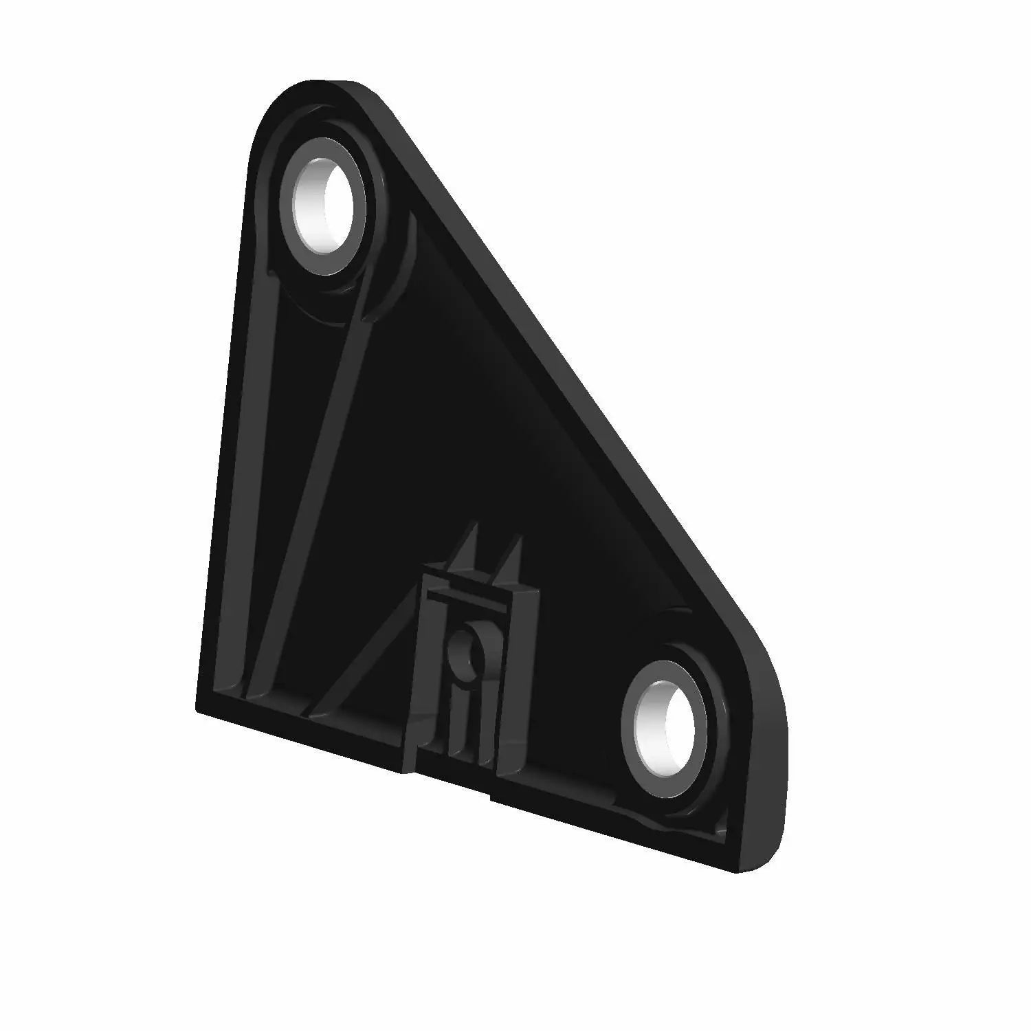 A black, triangular plastic Downcast Frame Cap RH Bagger by Polaris with three circular holes at each corner and reinforced raised ridges, likely serving as a mounting or support component.