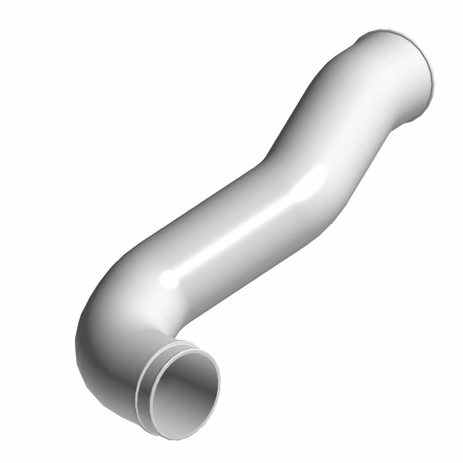 White curved plastic duct tube with smooth surface and flared ends for vehicle intake system.