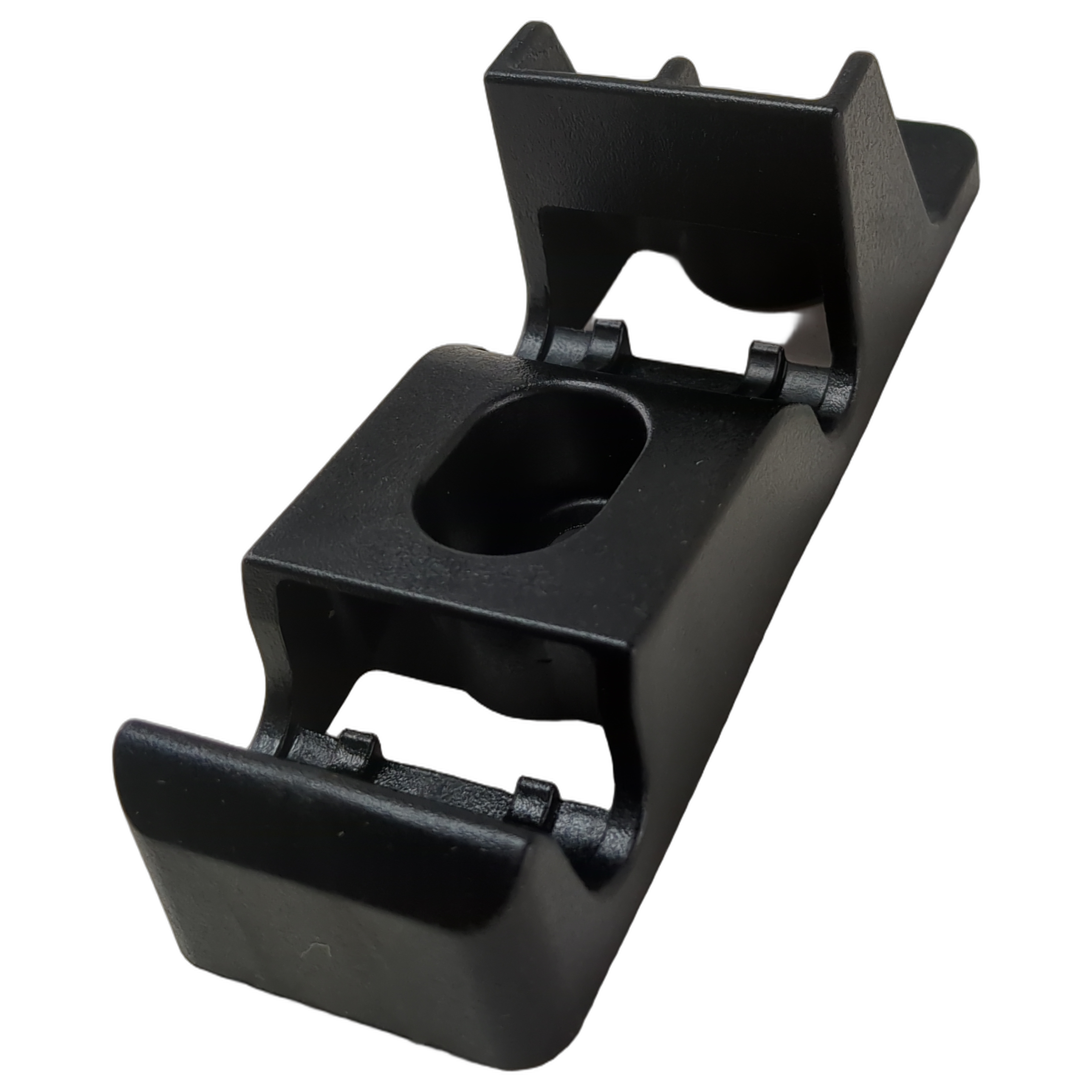 Black plastic windshield tipout handle receiver with hinged clamps and central oval cutout.