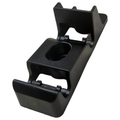 Black plastic windshield tipout handle receiver with hinged clamps and central oval cutout.