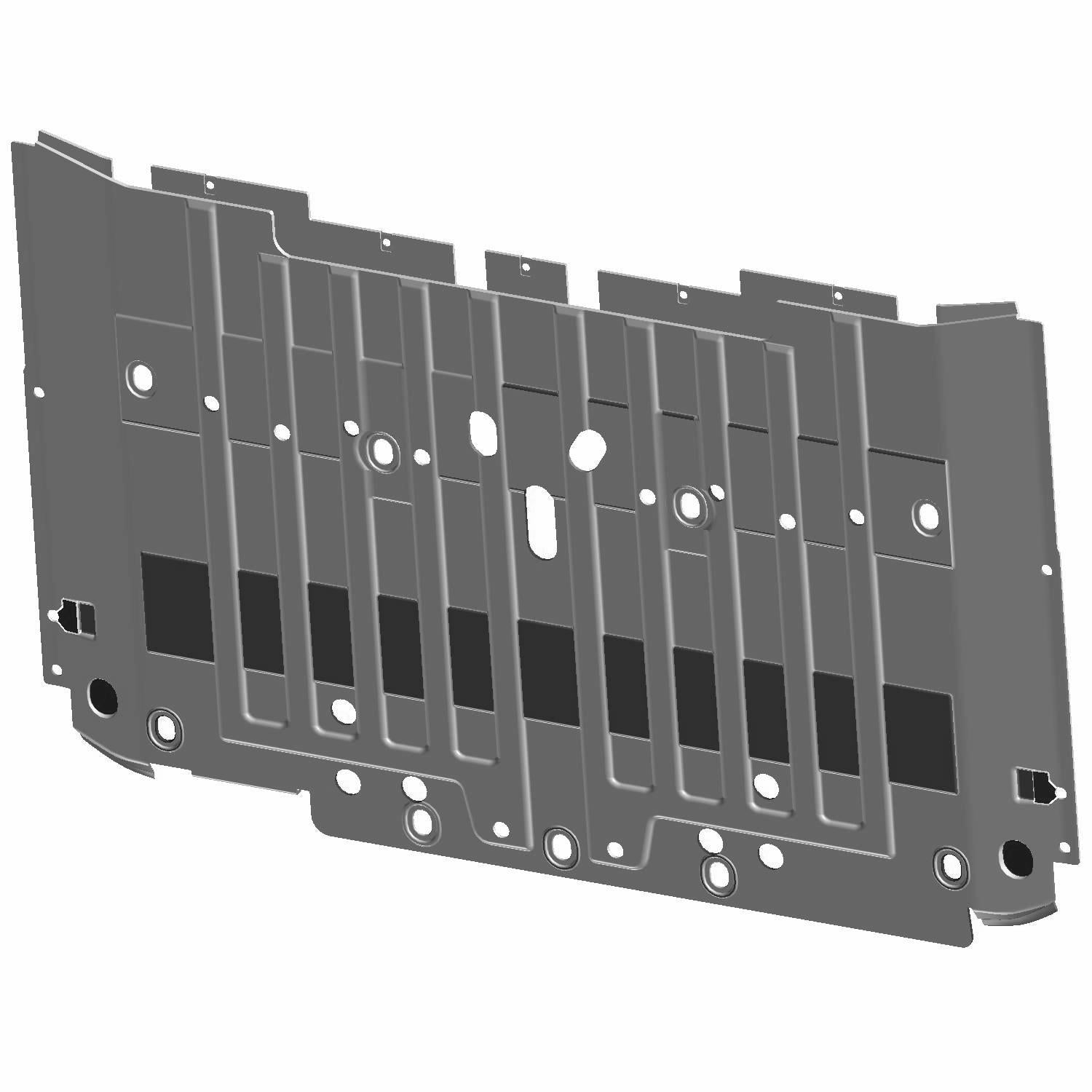 Black metal skid plate with multiple cutouts and mounting holes, designed for rear protection.