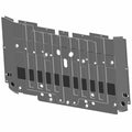 Black metal skid plate with multiple cutouts and mounting holes, designed for rear protection.