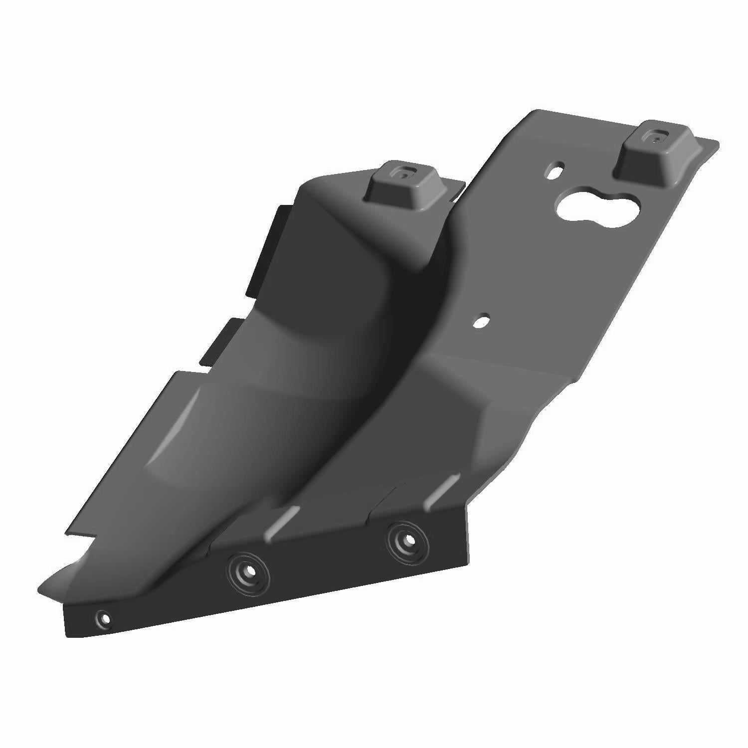 Matte black plastic closeoff panel with mounting tabs and curved design for right side attachment.