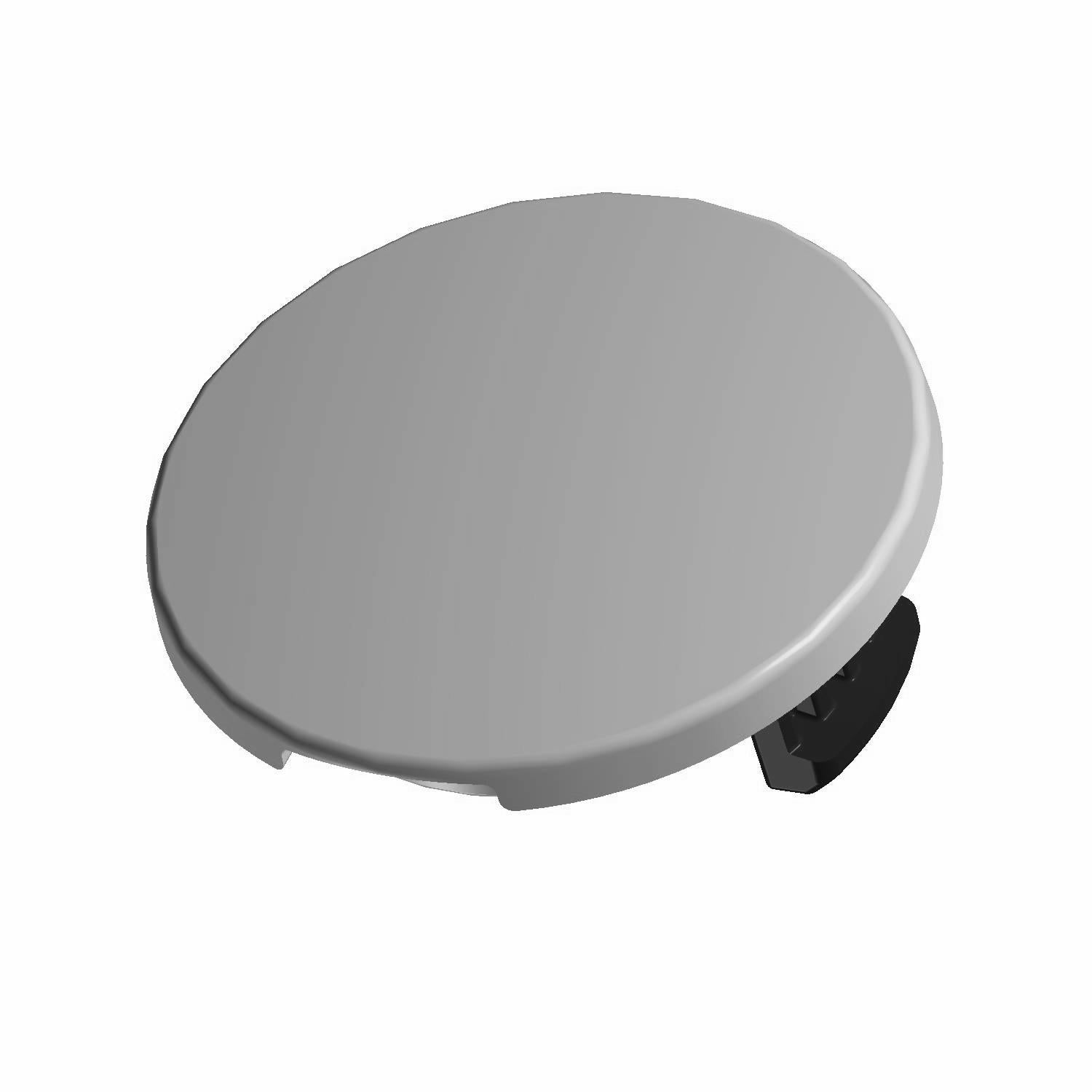 Black circular plastic camera hole plug with smooth surface and small clip attachment.