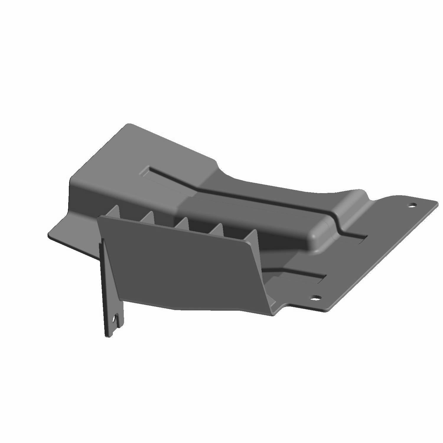 Black metal fuel closeoff panel with angular, contoured shape and mounting holes.