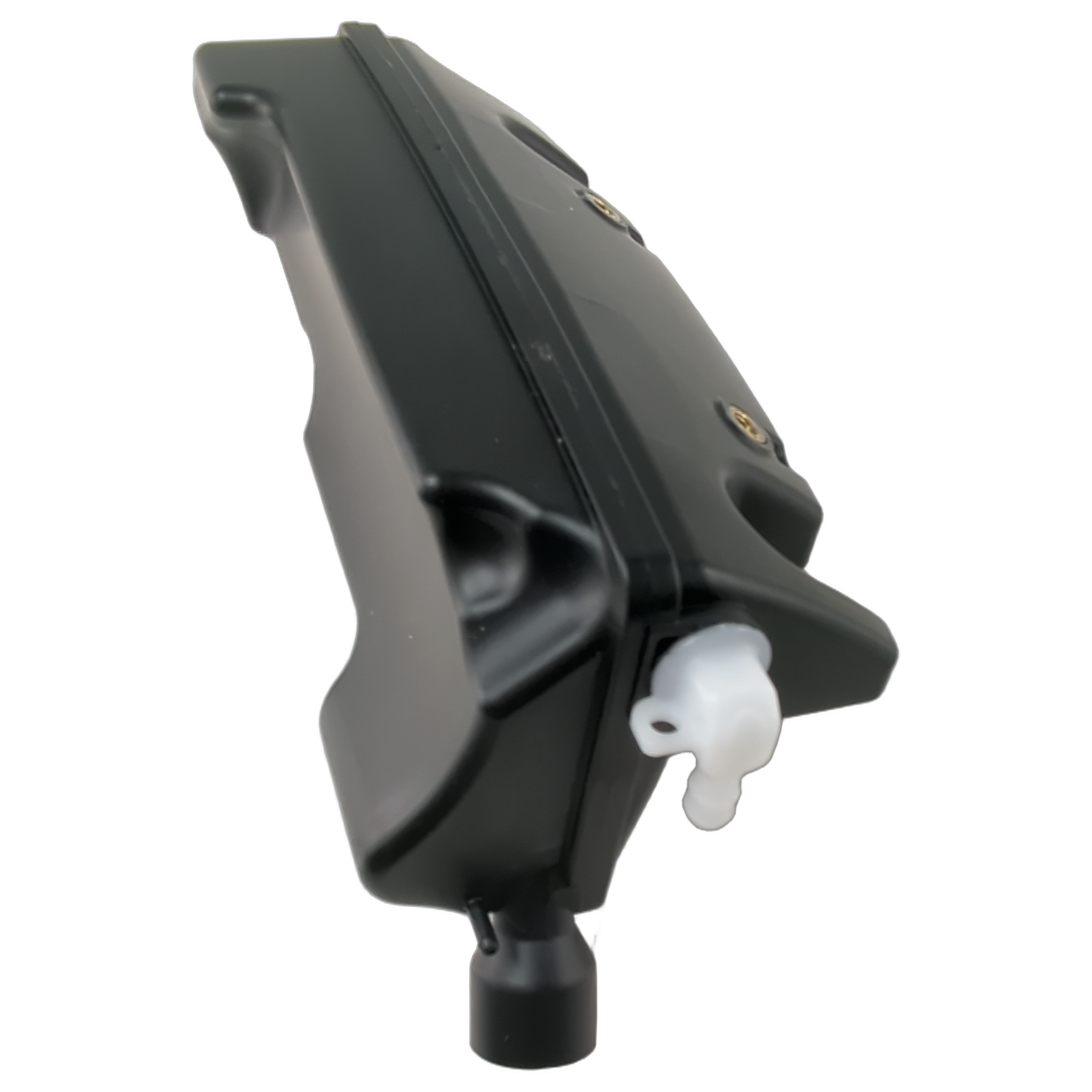Black plastic coolant recovery bottle with angled shape and white spout valve.