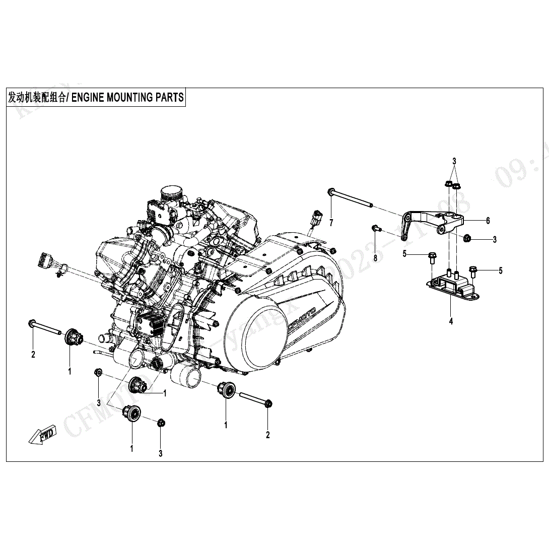 An Image of a genuine CFMOTO Parts Schematic Diagram showing the group - ENGINE MOUNTING PARTS - 2025 CFMOTO CFORCE 1000 TOURING